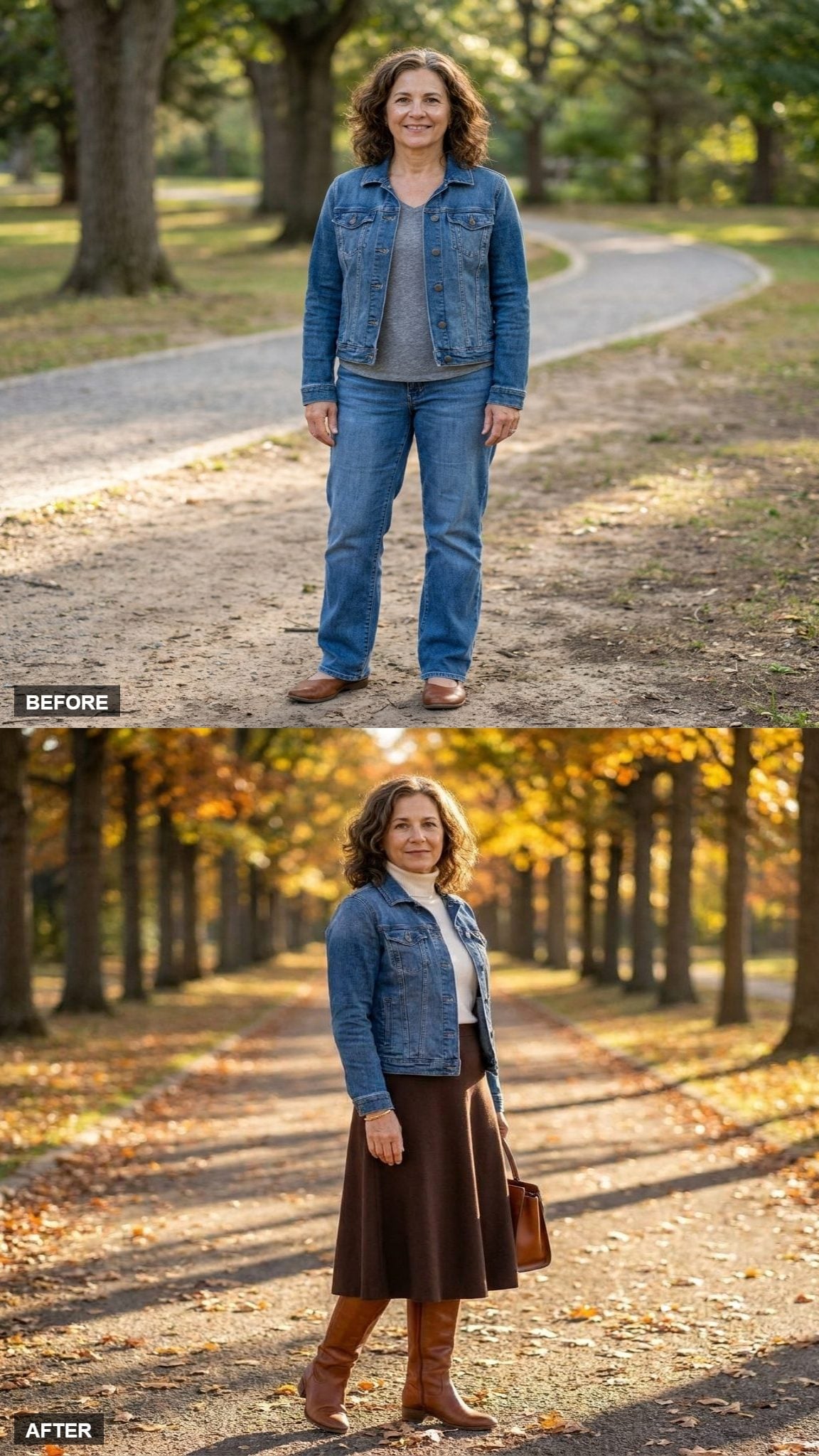 Cream Turtleneck and a Brown Midi Skirt Show What a Denim Jacket Looks Like All Grown Up