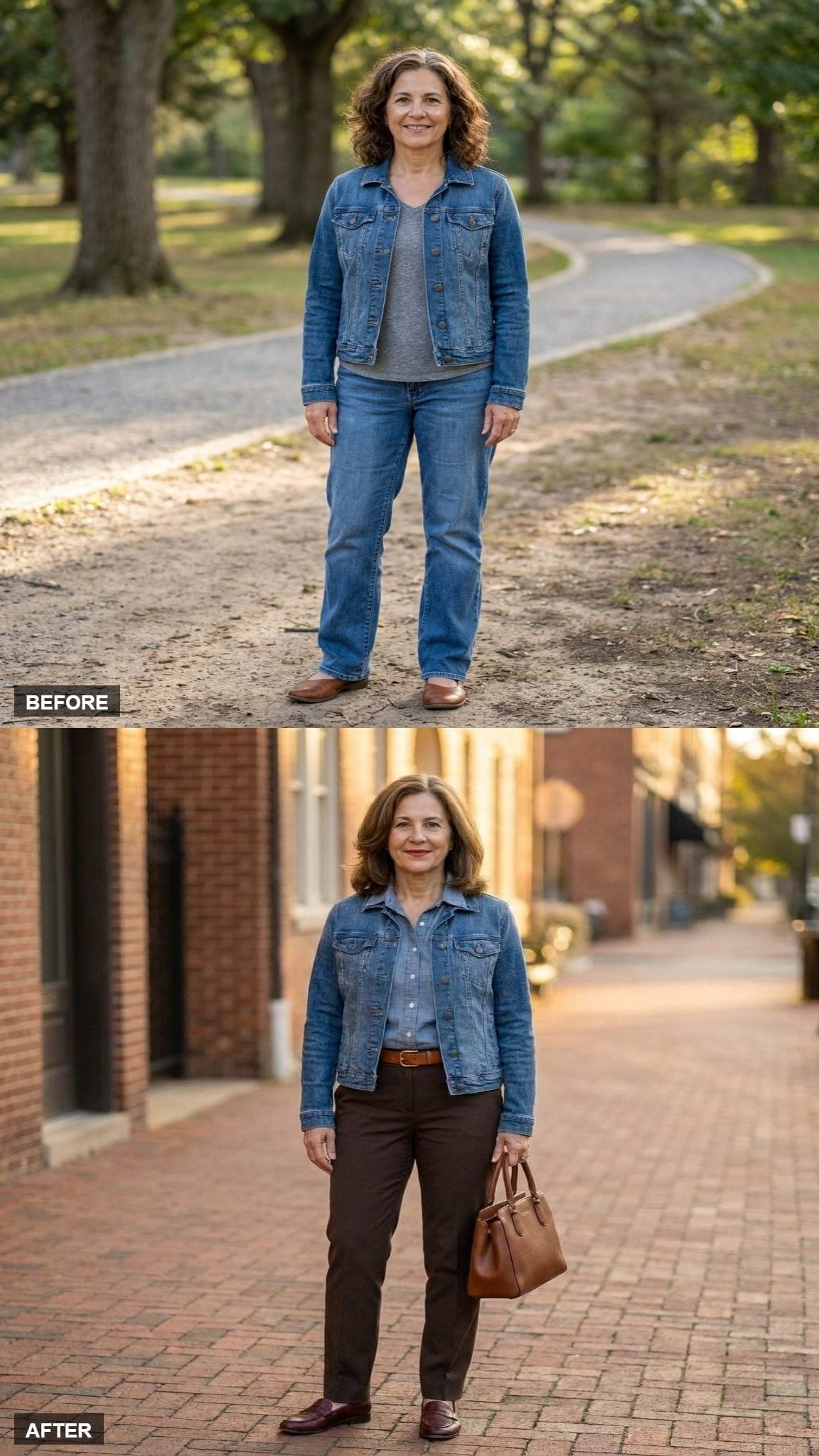Dark Trousers and a Cognac Bag Show the Denim Jacket's Sharpest Fall Move