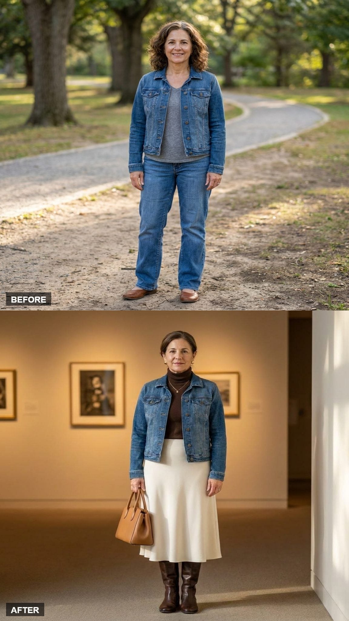 Dark Turtleneck, Cream Midi Skirt, and Tall Boots Give a Denim Jacket Real Polish