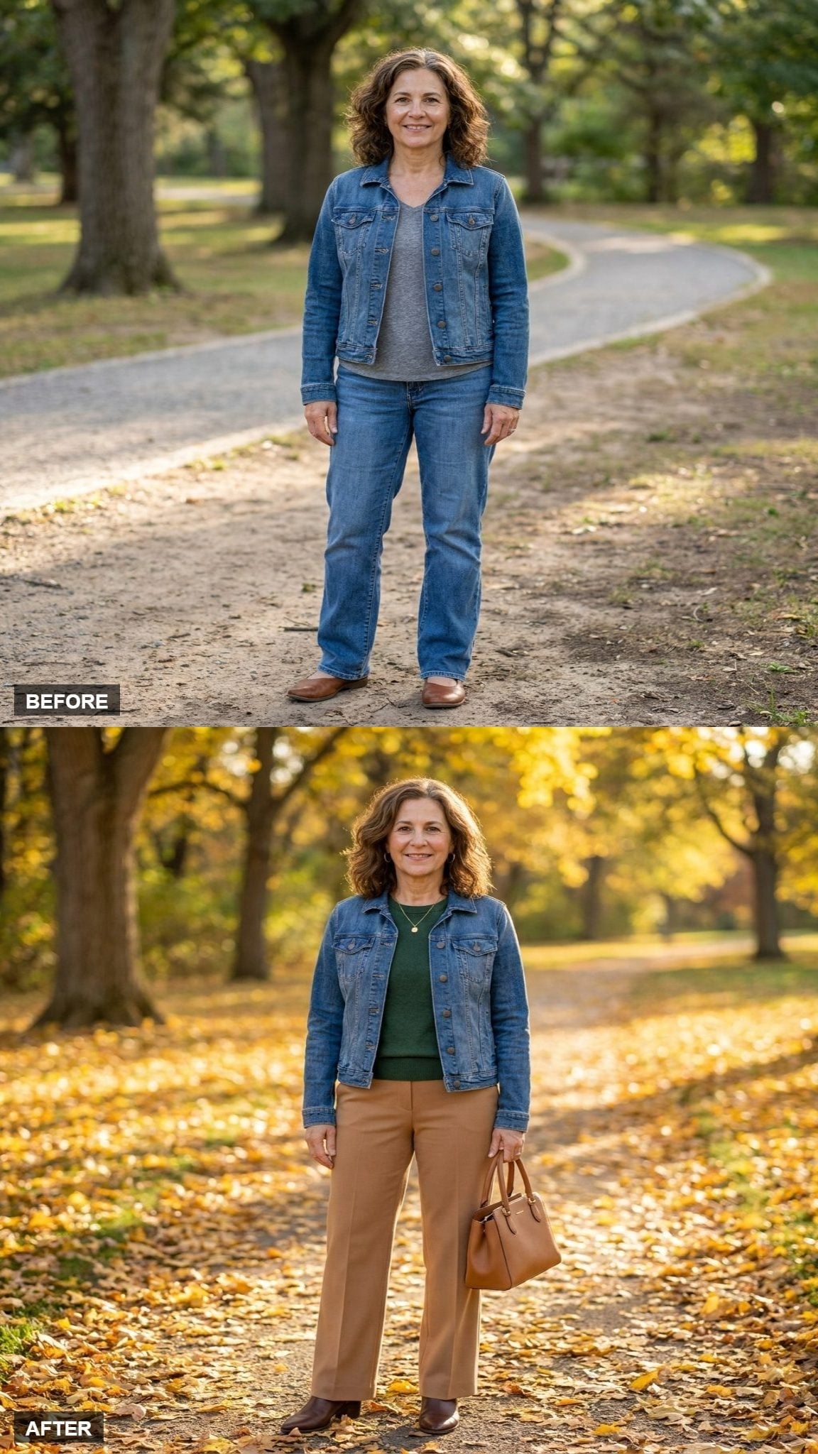 Khaki Trousers and a Green Tee Make a Denim Jacket Look Intentional, Not Casual