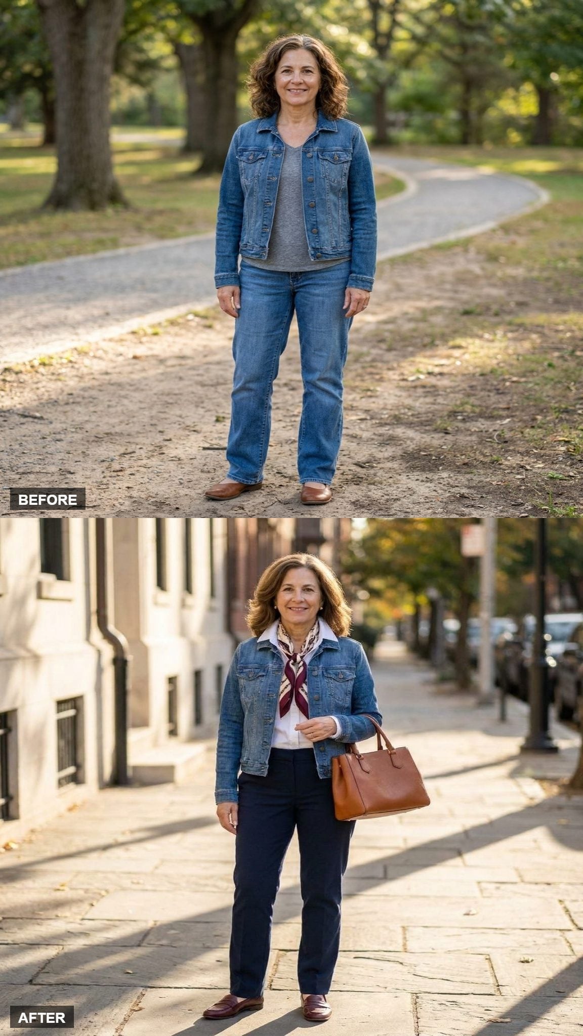 Navy Trousers and a Silk Scarf Show Exactly How Far a Denim Jacket Can Go