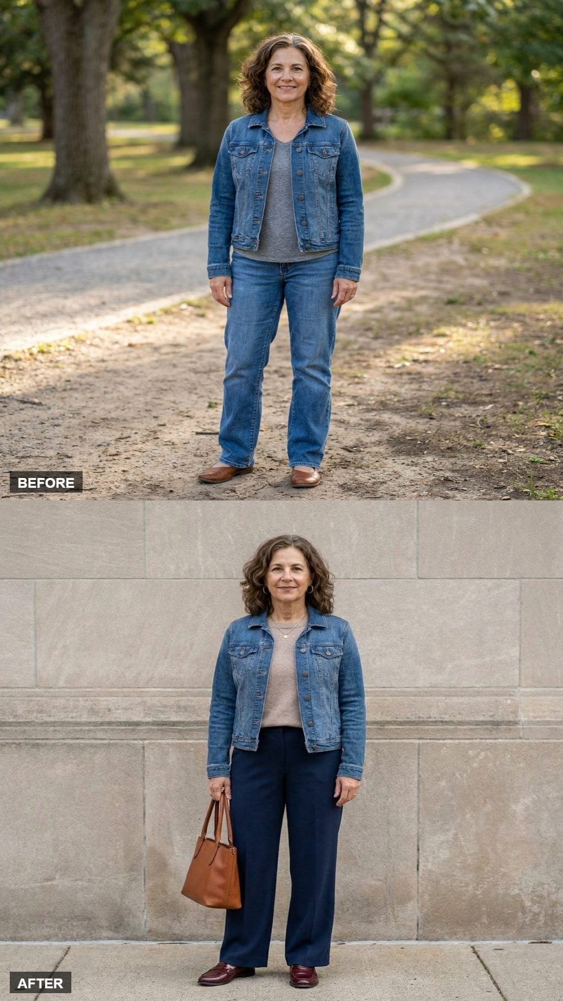 Navy Trousers and a Tan Bag Show Exactly How a Denim Jacket Gets Polished