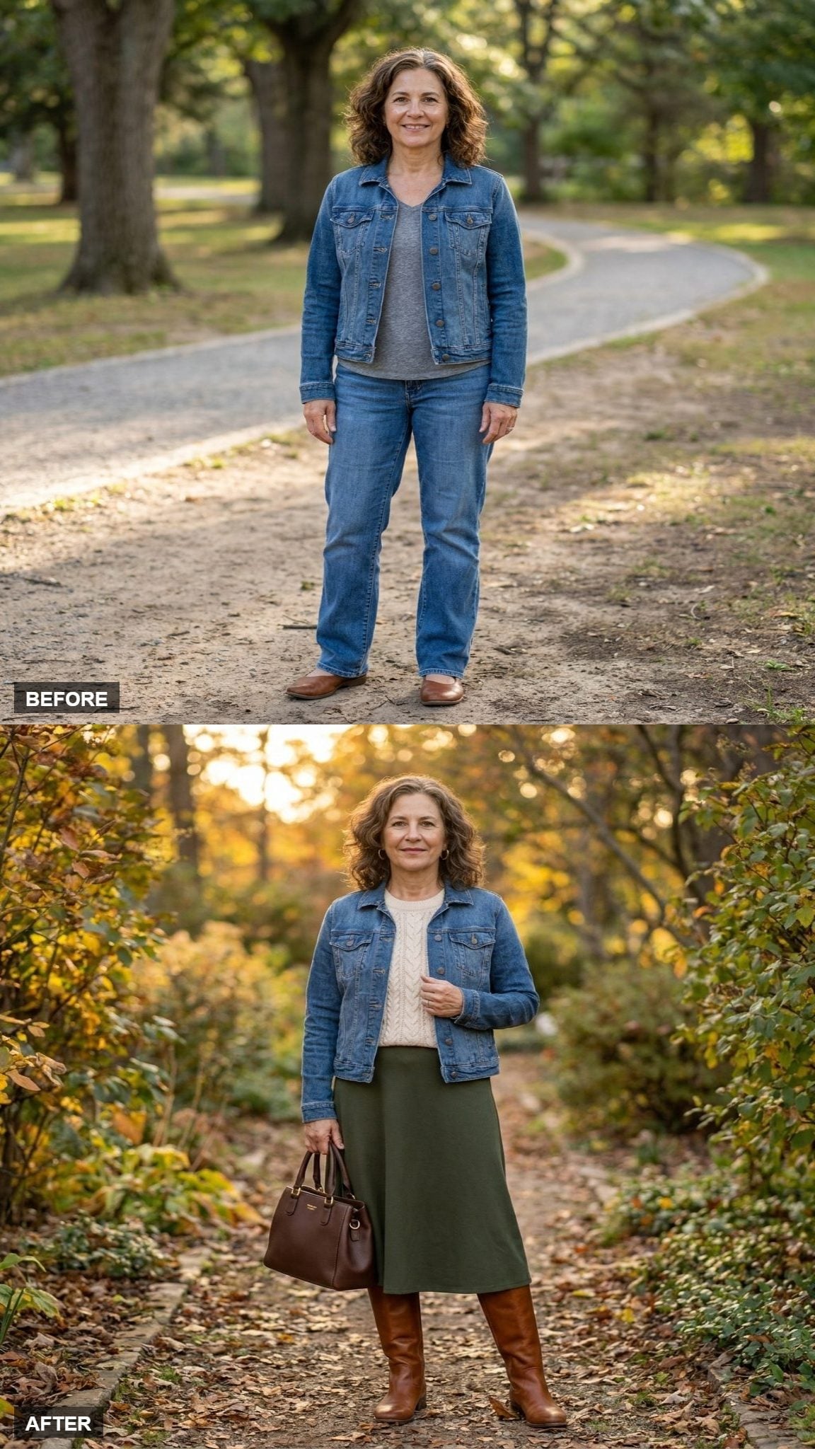 Olive Midi Skirt and Tall Boots Show the Denim Jacket at Its Most Autumn-Ready