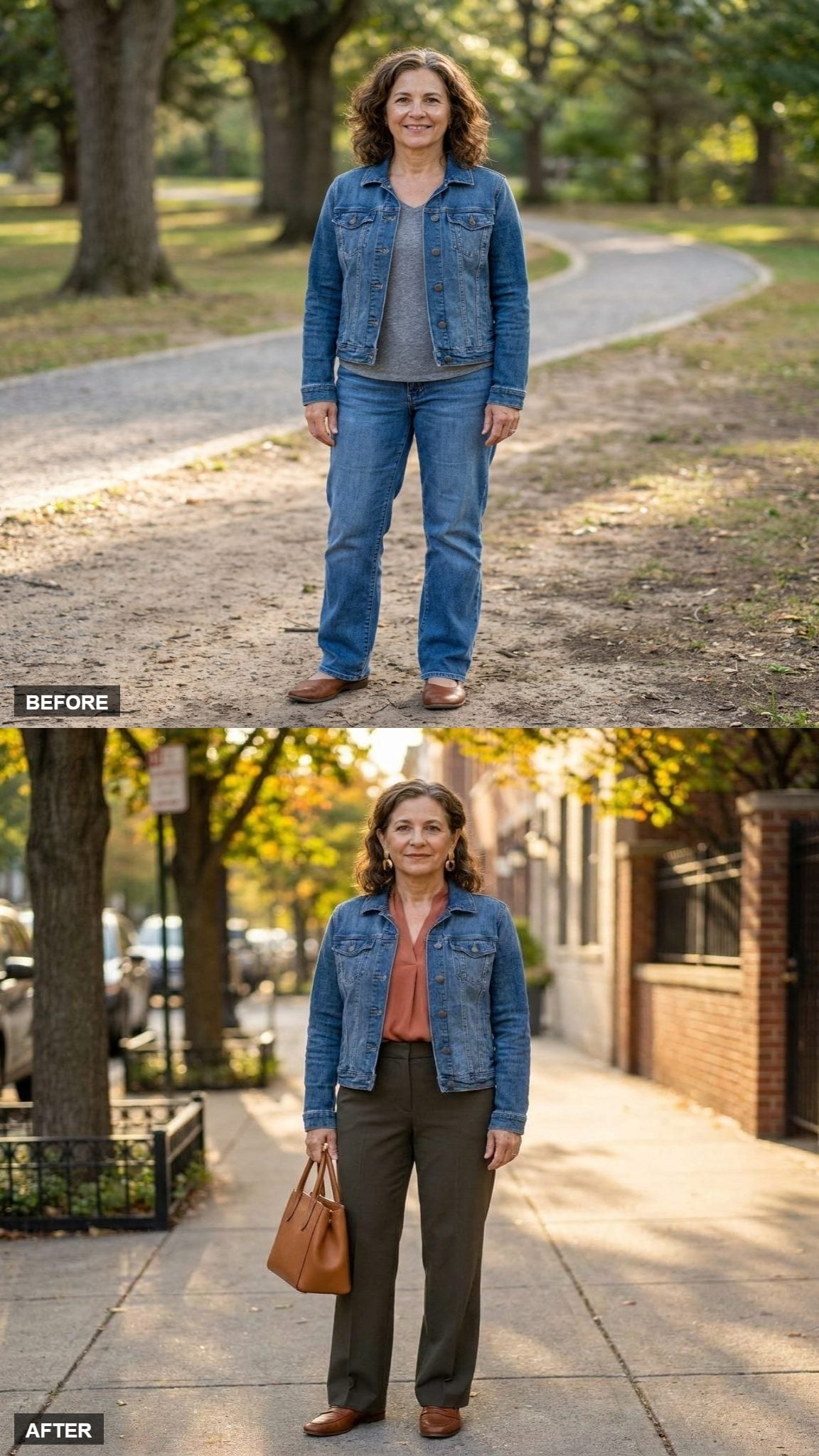 Olive Trousers and a Terracotta Blouse Give the Denim Jacket Its Most Urban Fall Moment