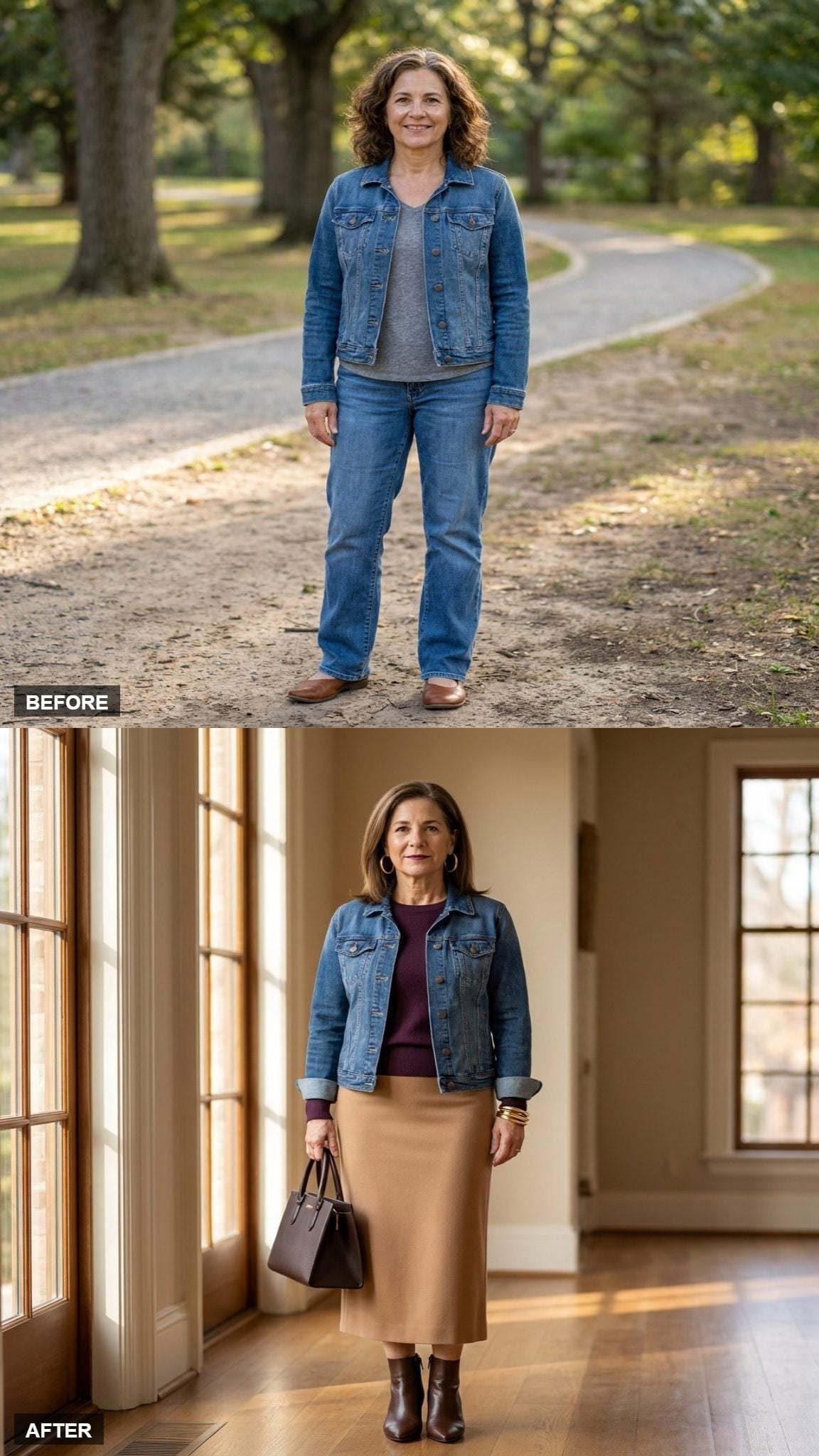 Pair Your Denim Jacket With a Camel Midi Skirt for Fall's Best Ratio
