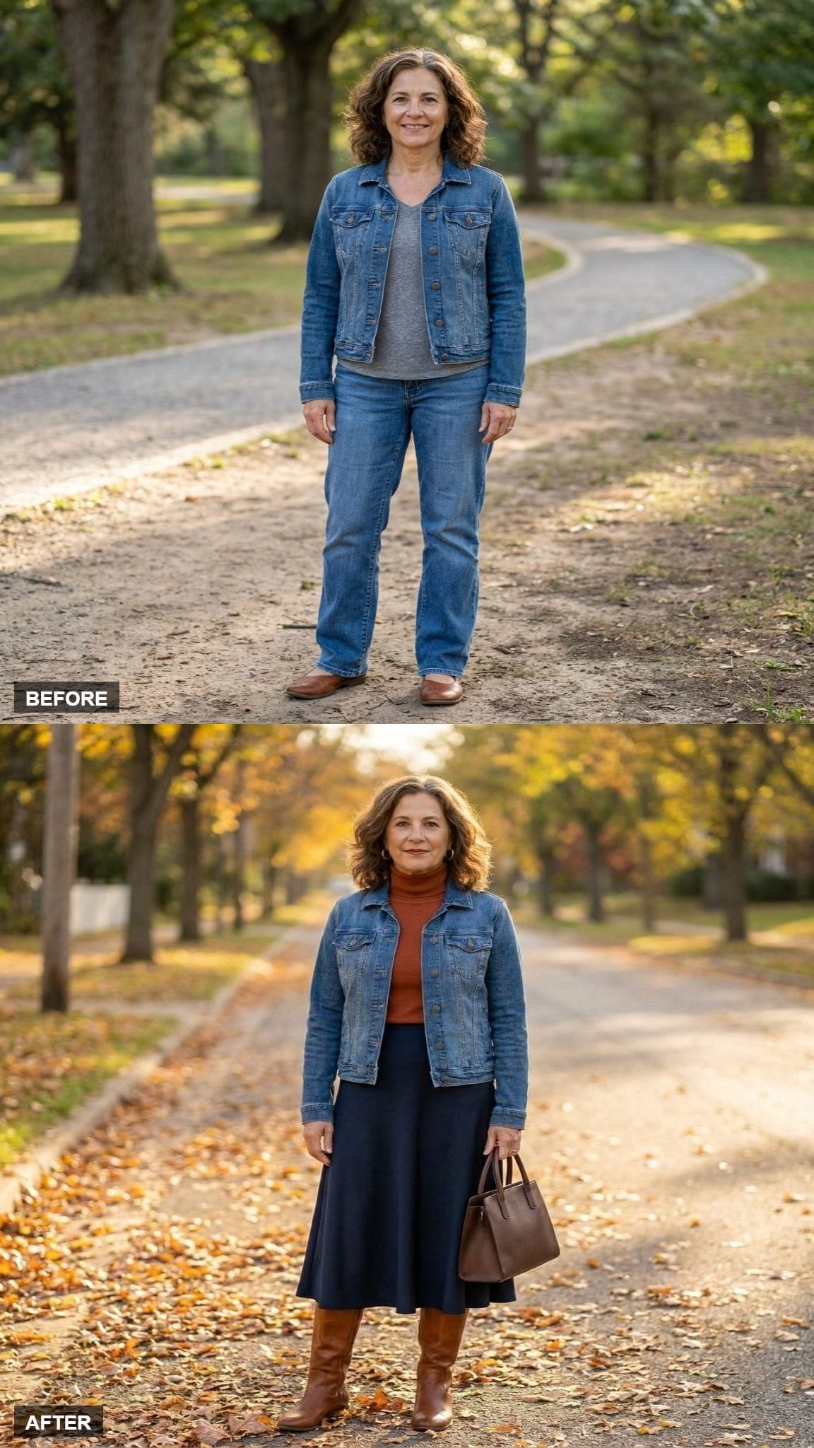 Rust Turtleneck and Navy Midi Skirt Give the Denim Jacket Its Best Fall Argument