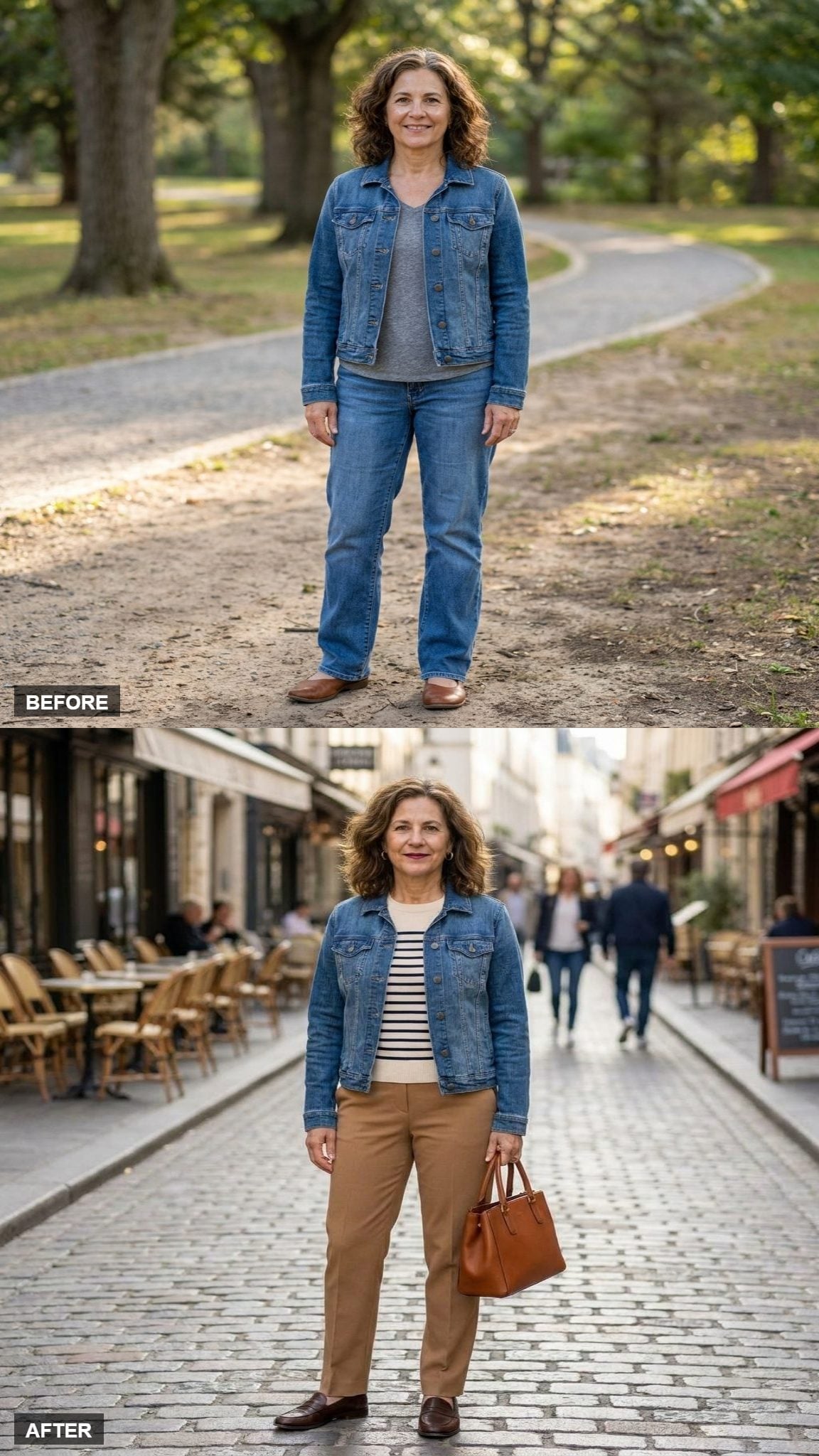Striped Breton Tee and Khaki Trousers Show the Denim Jacket's Smartest Pairing