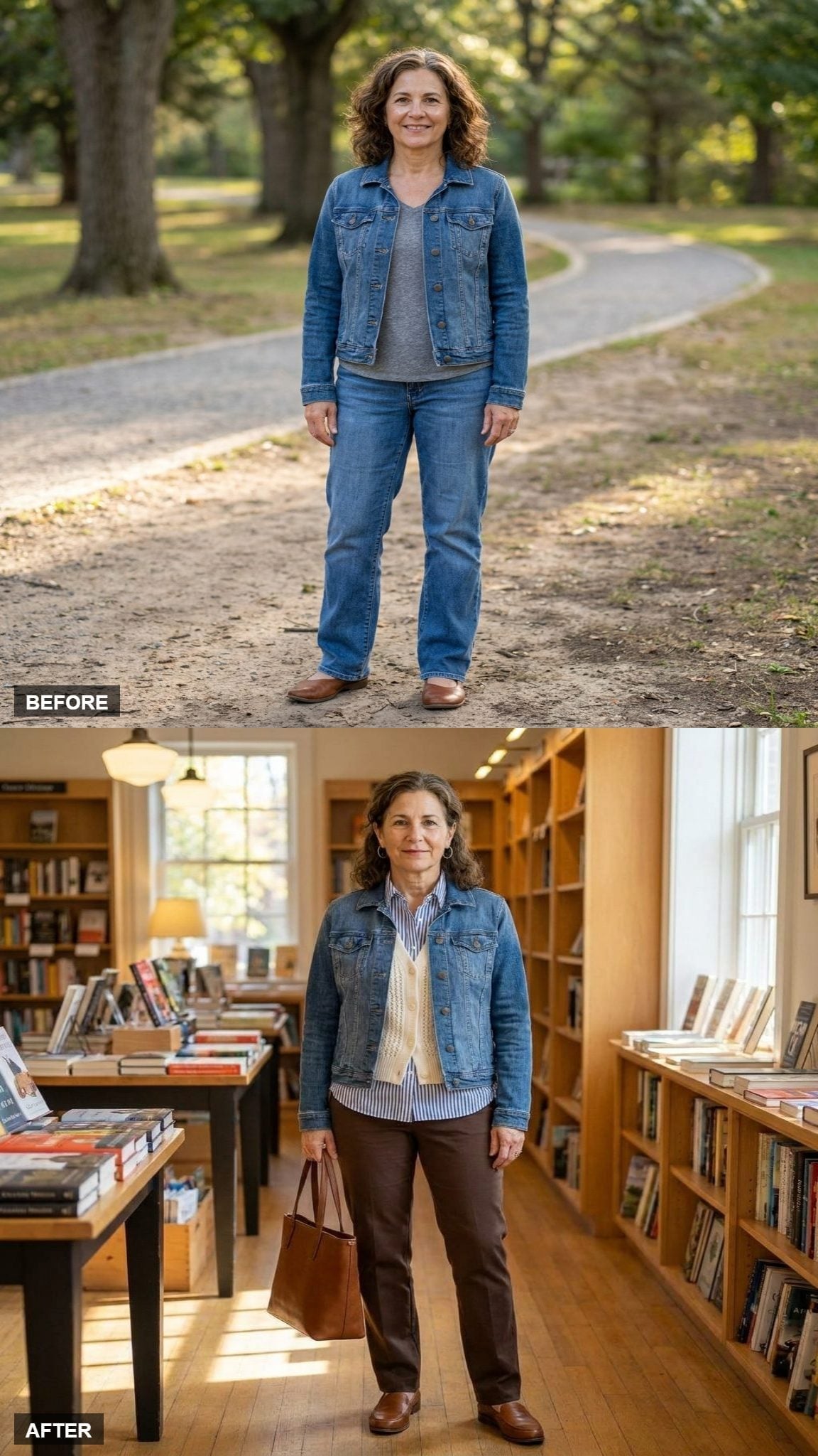 Striped Shirt and a Cream Cardigan Show What Happens When a Denim Jacket Gets Layered Right