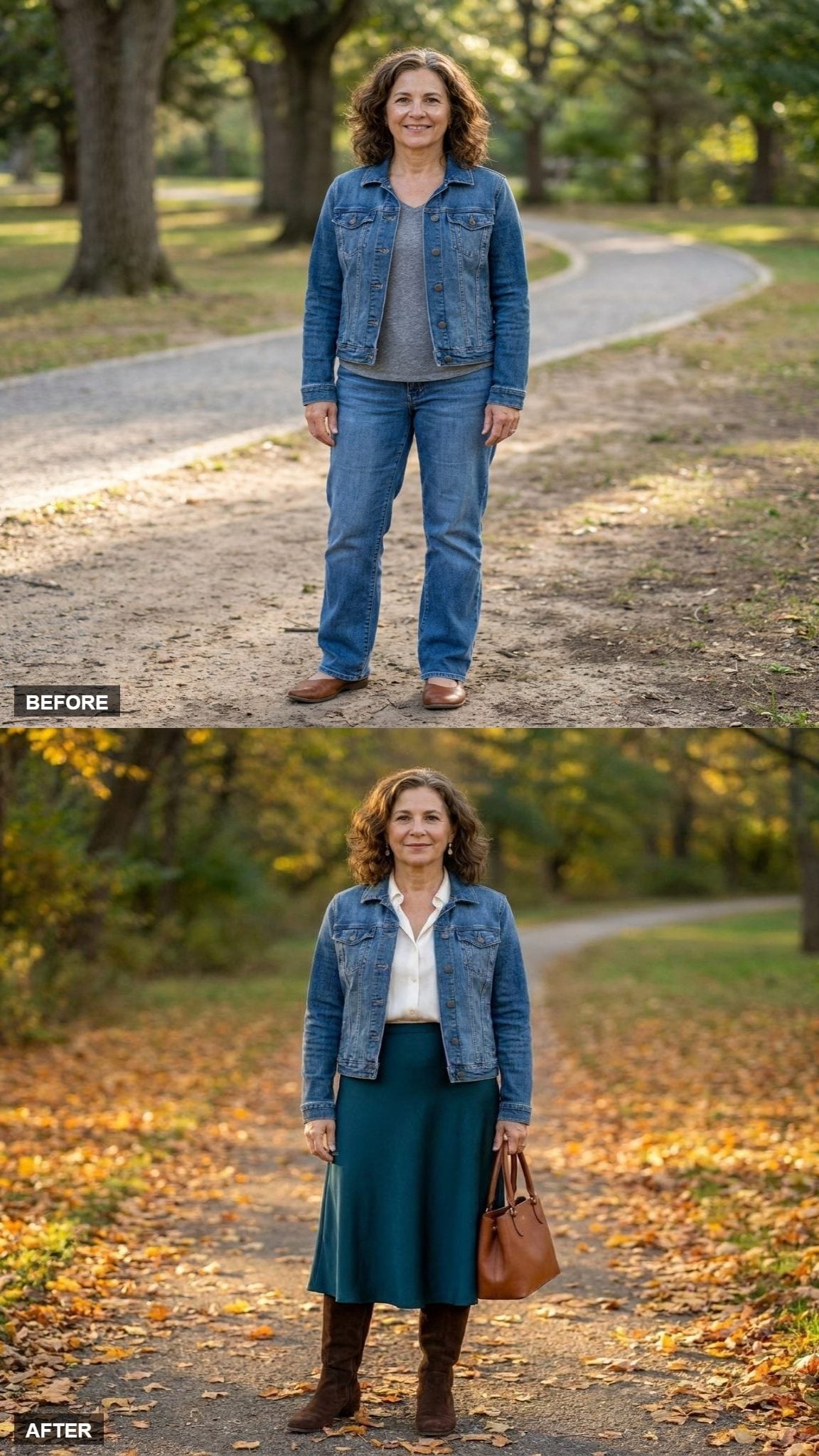 Teal Midi Skirt and Tall Boots Show the Denim Jacket's Most Pulled-Together Fall Move