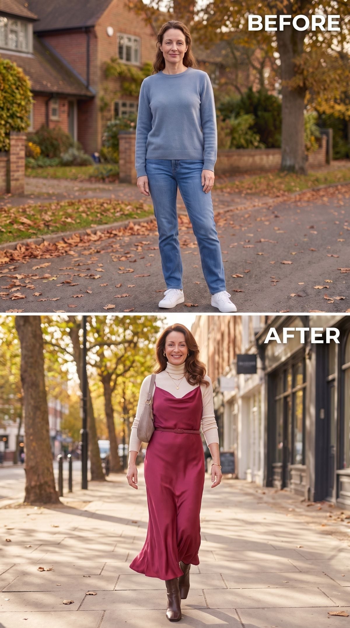 Cranberry Slip Dress, a Turtleneck Layer, and Boots That Close the Deal