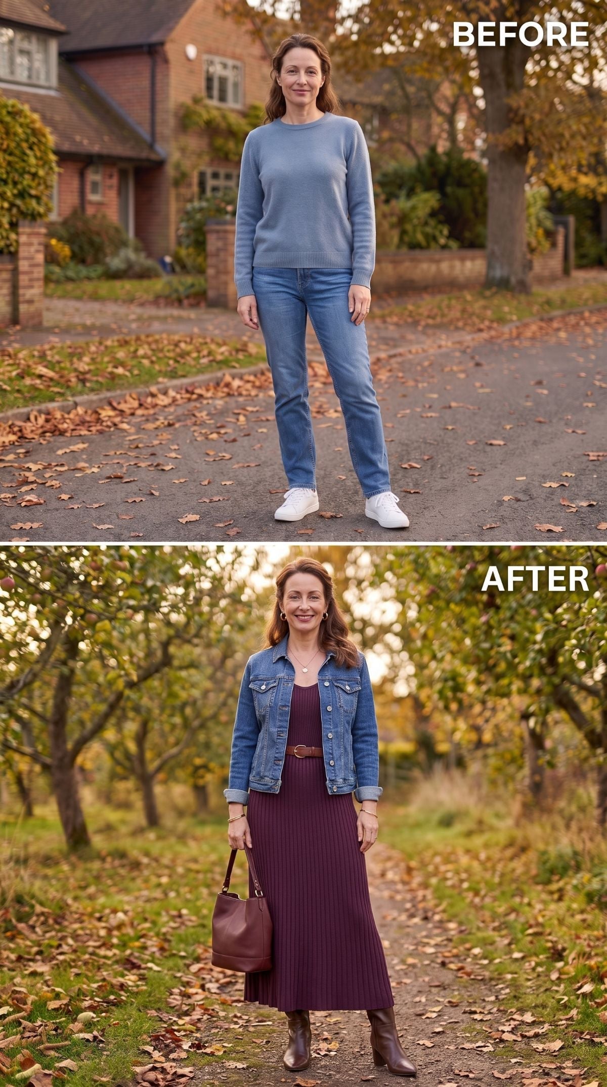 Denim Jacket Over a Burgundy Knit Maxi Is the Fall Reset She Needed