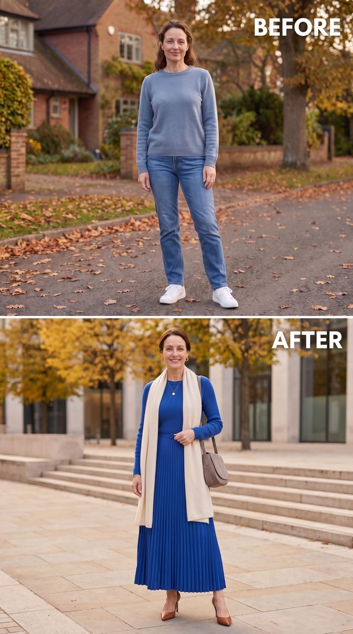 Royal Blue Knit Dress, a Cream Wrap, and Heels That Justify the Whole Outfit