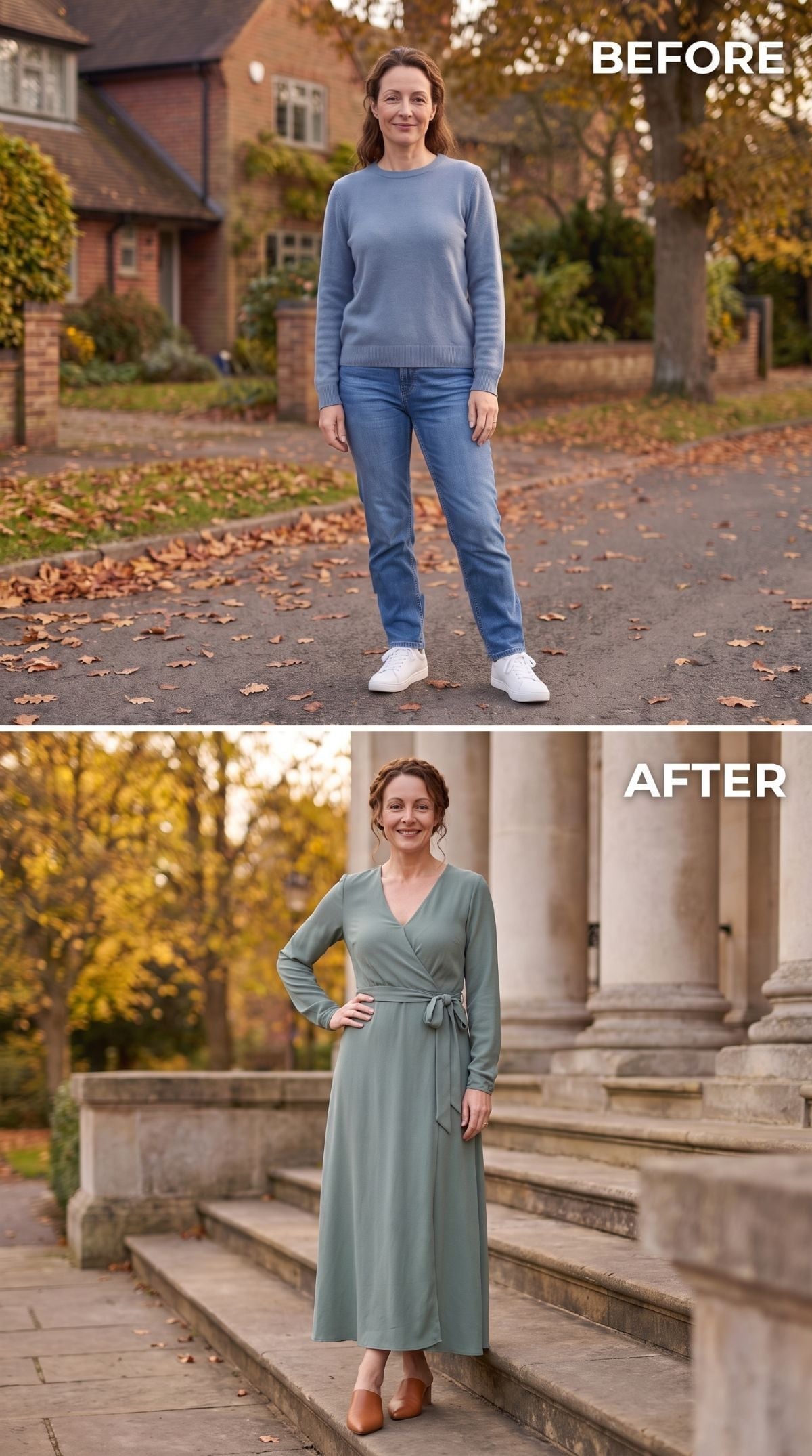 Sage Wrap Dress and Brown Heels Quietly Do More Than Expected