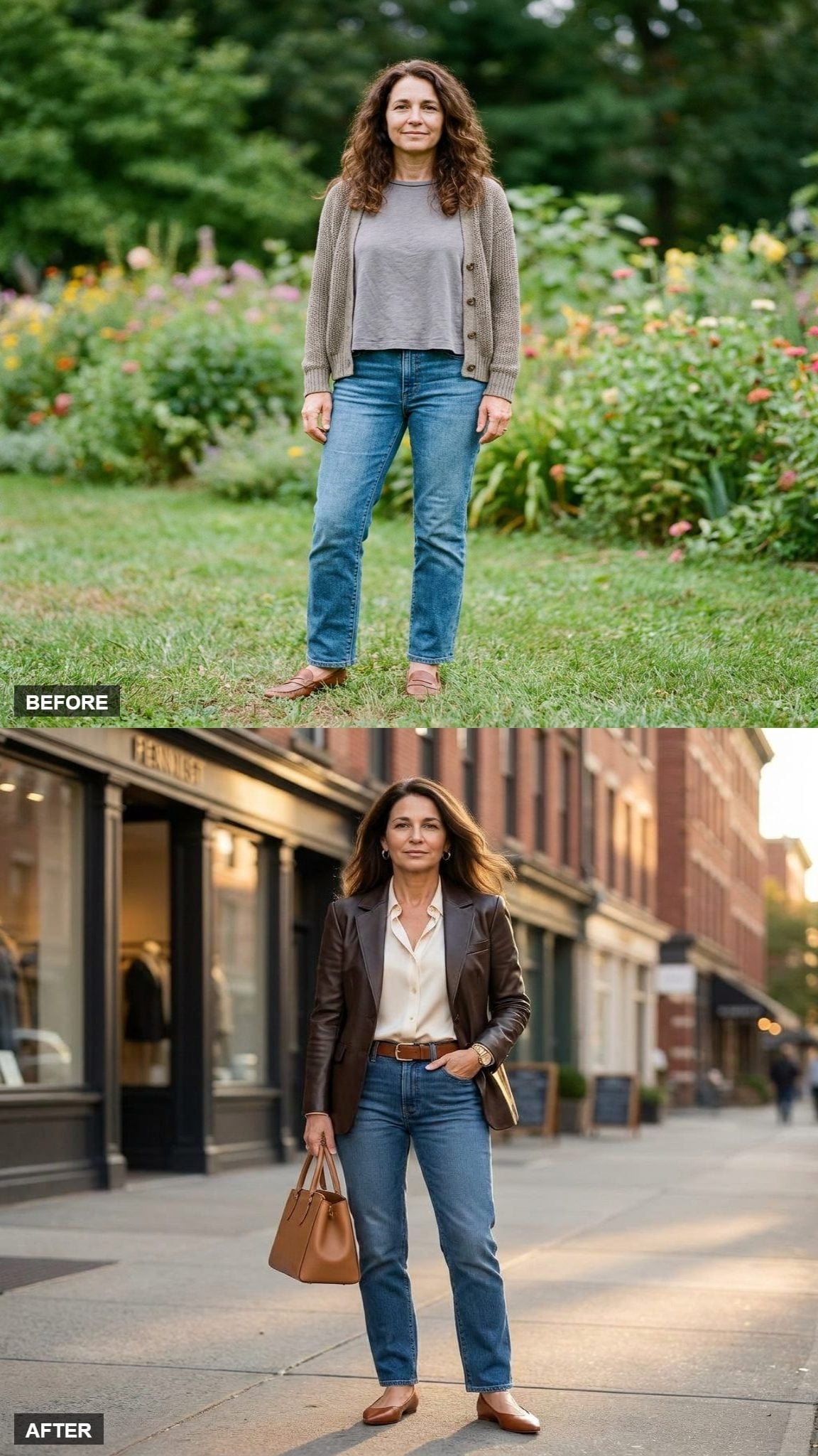 Leather Blazer, a Silk Blouse, and Brown Accessories That All Agree With Each Other