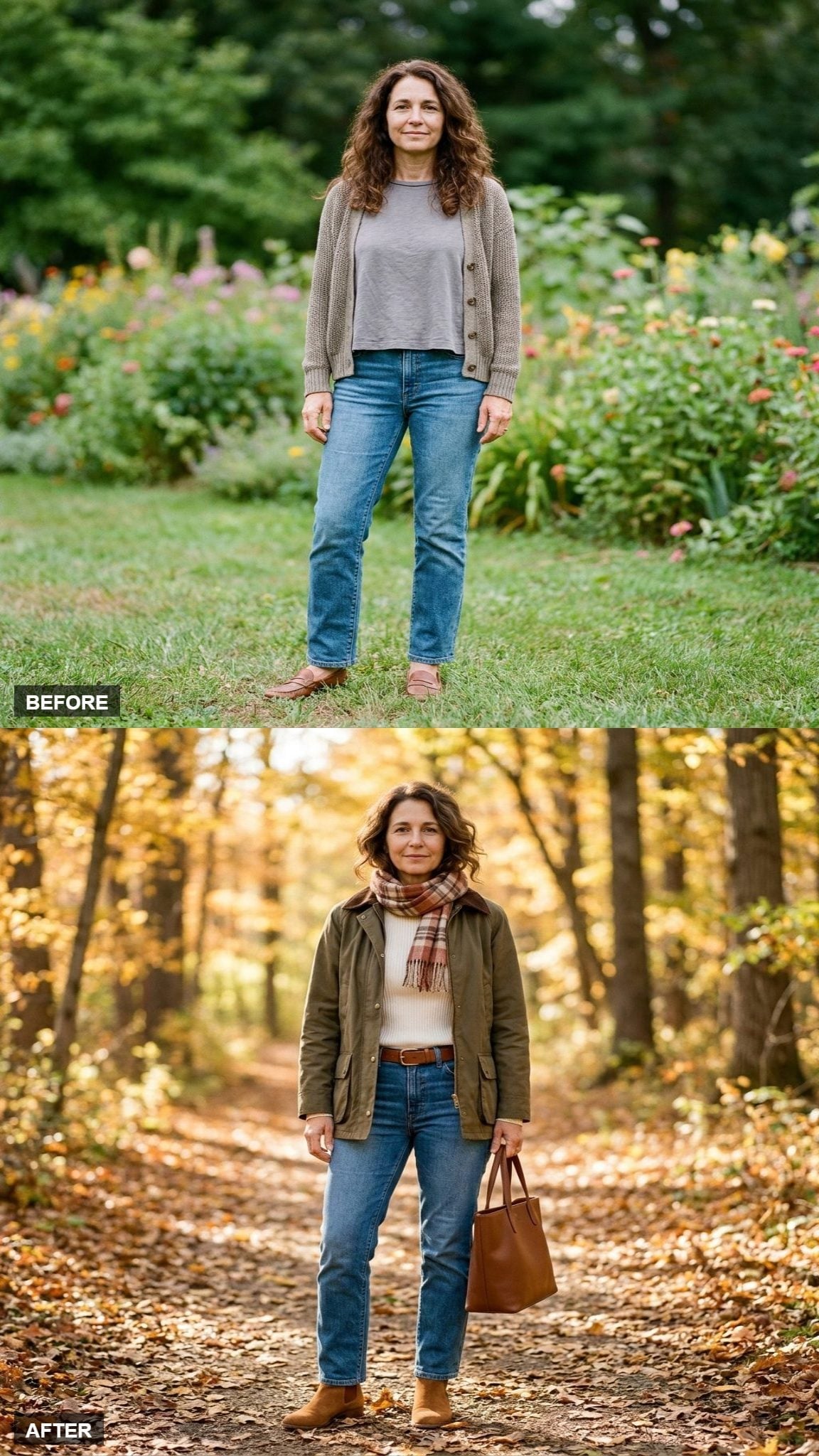 Olive Field Jacket, Plaid Scarf, and Ankle Boots Walk Into an Autumn Forest