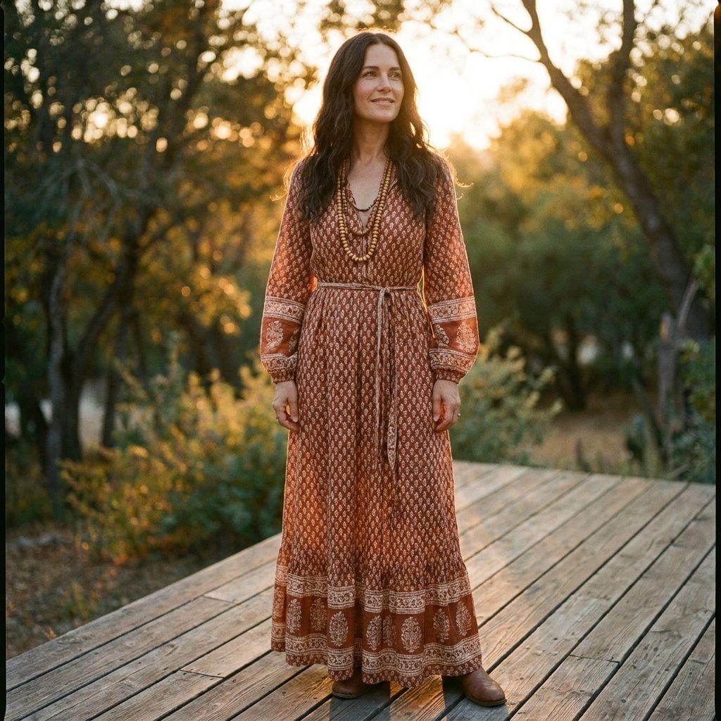 Rust block-print maxi dress with a drawstring waist and layered amber beads