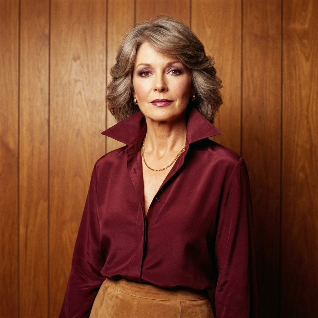Burgundy satin blouse with an open collar, gold chain, and camel suede skirt