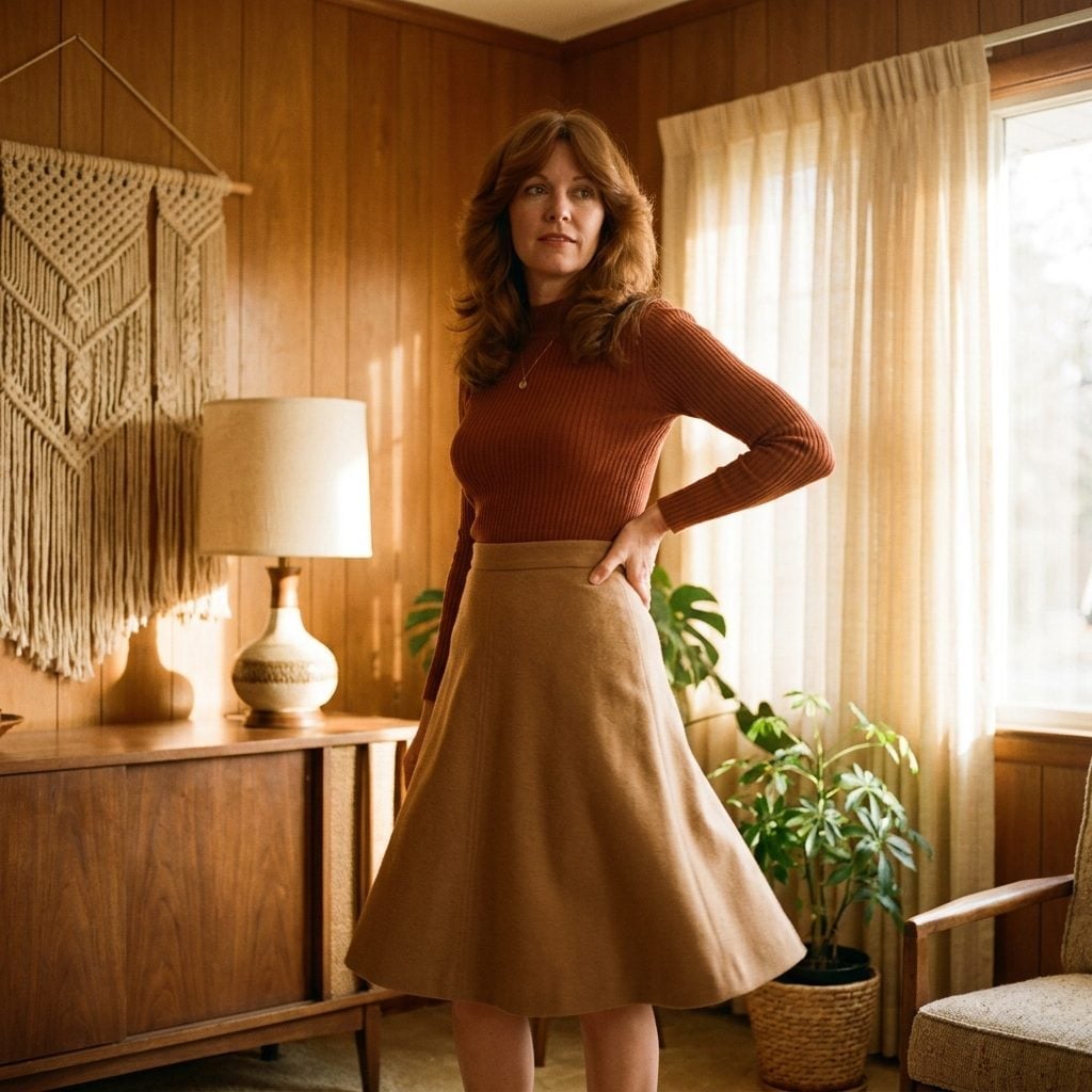 Camel A-line midi skirt paired with a fitted rust ribbed turtleneck