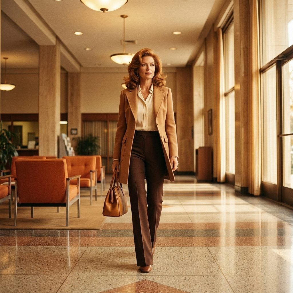 Long camel coat worn open over a cream blouse and chocolate flared trousers