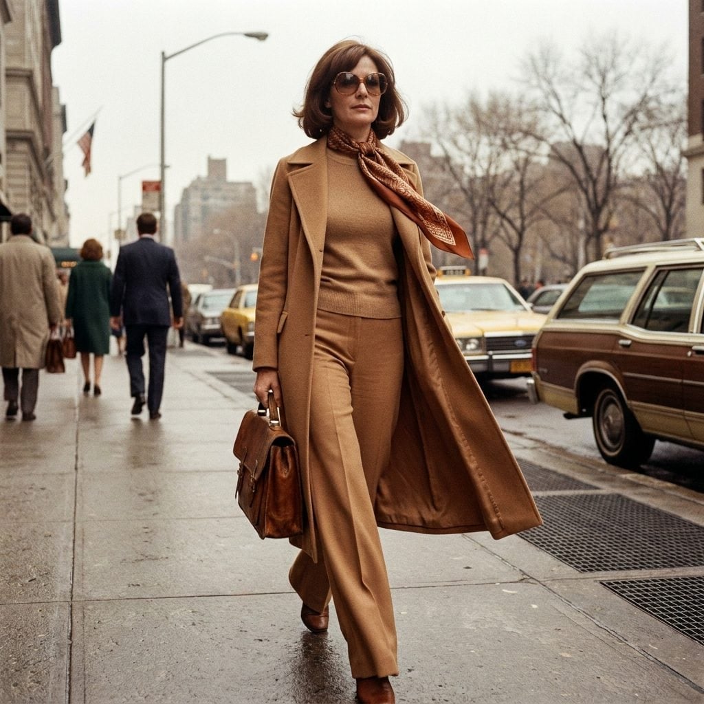 Camel turtleneck, wide-leg trousers, and long open coat with a rust-and-brown silk scarf