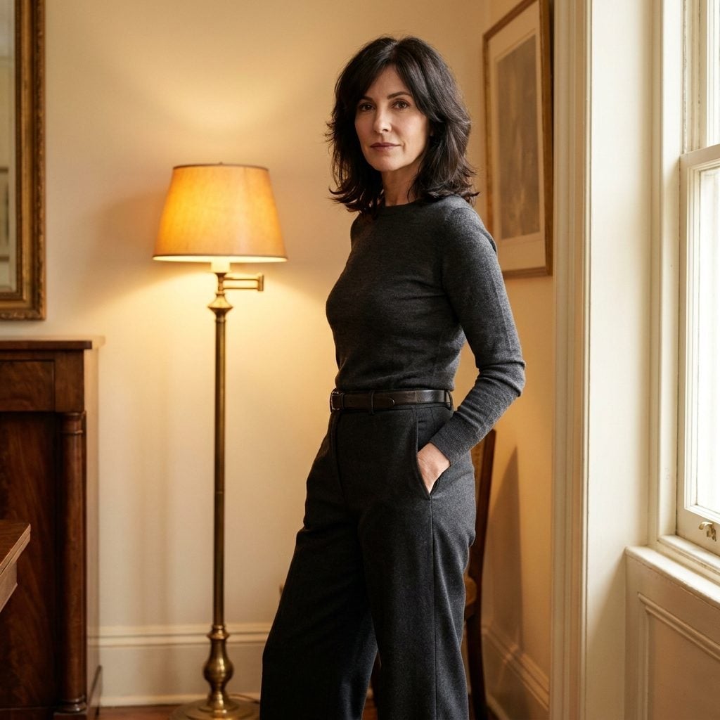 Charcoal monochromatic outfit with a fitted knit top and wide-leg trousers