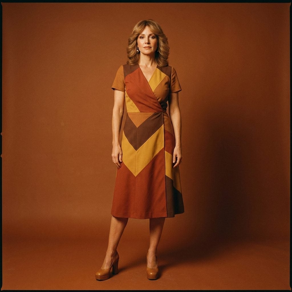 Chevron 1970s dress with downward-pointing bands of rust, mustard, and dark brown