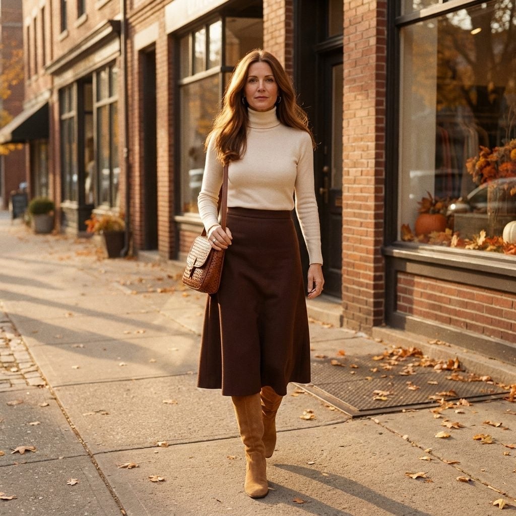 Cream turtleneck tucked into a dark chocolate A-line midi skirt with tan suede boots