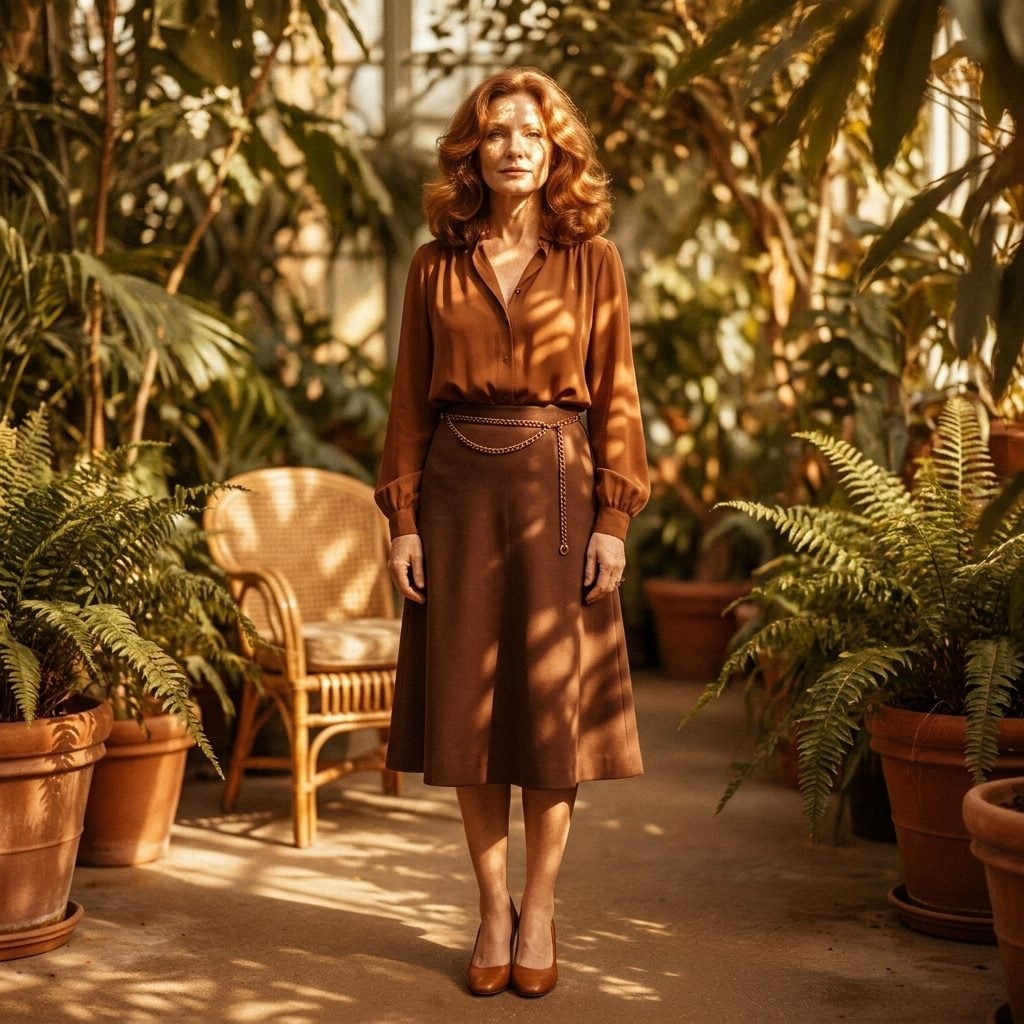 Copper silk and chocolate outfit with a delicate chain belt at the natural waist