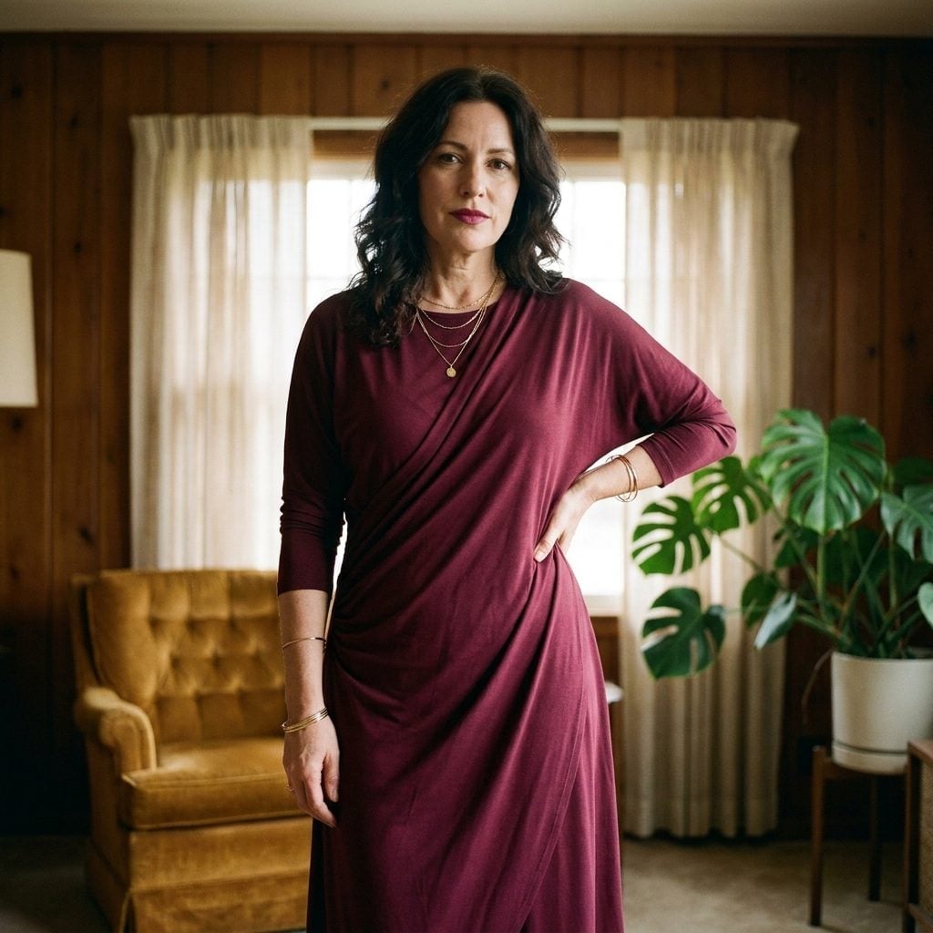 Merlot jersey dress with diagonal ruching gathered at one hip