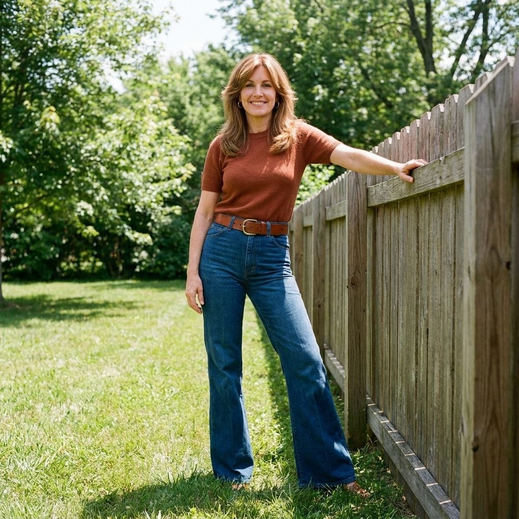 High-waisted dark indigo flared jeans with a terracotta ribbed knit and cognac belt