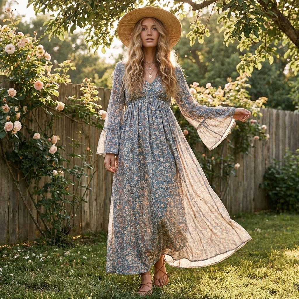 Dusty blue floral 1970s maxi dress with an empire waist and bell sleeves