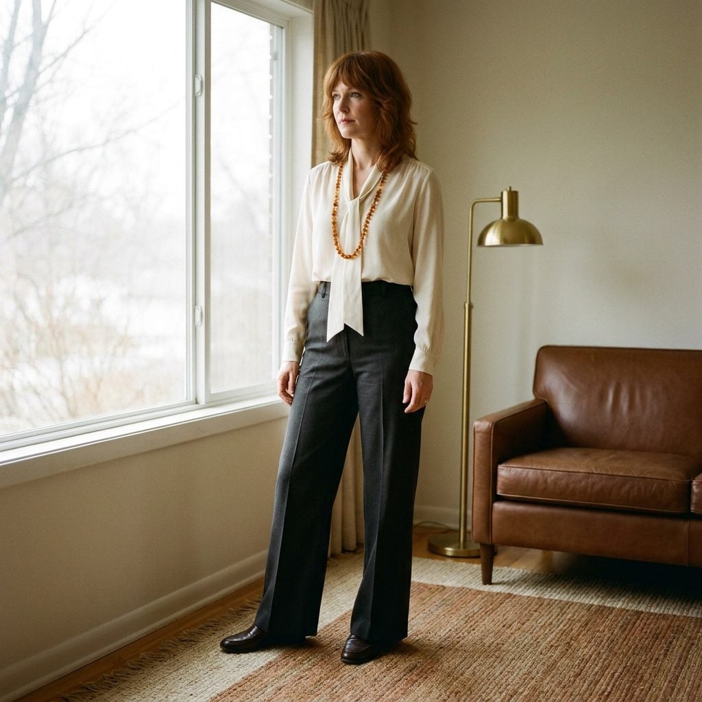 Ivory tie-neck blouse tucked into charcoal wide-leg trousers