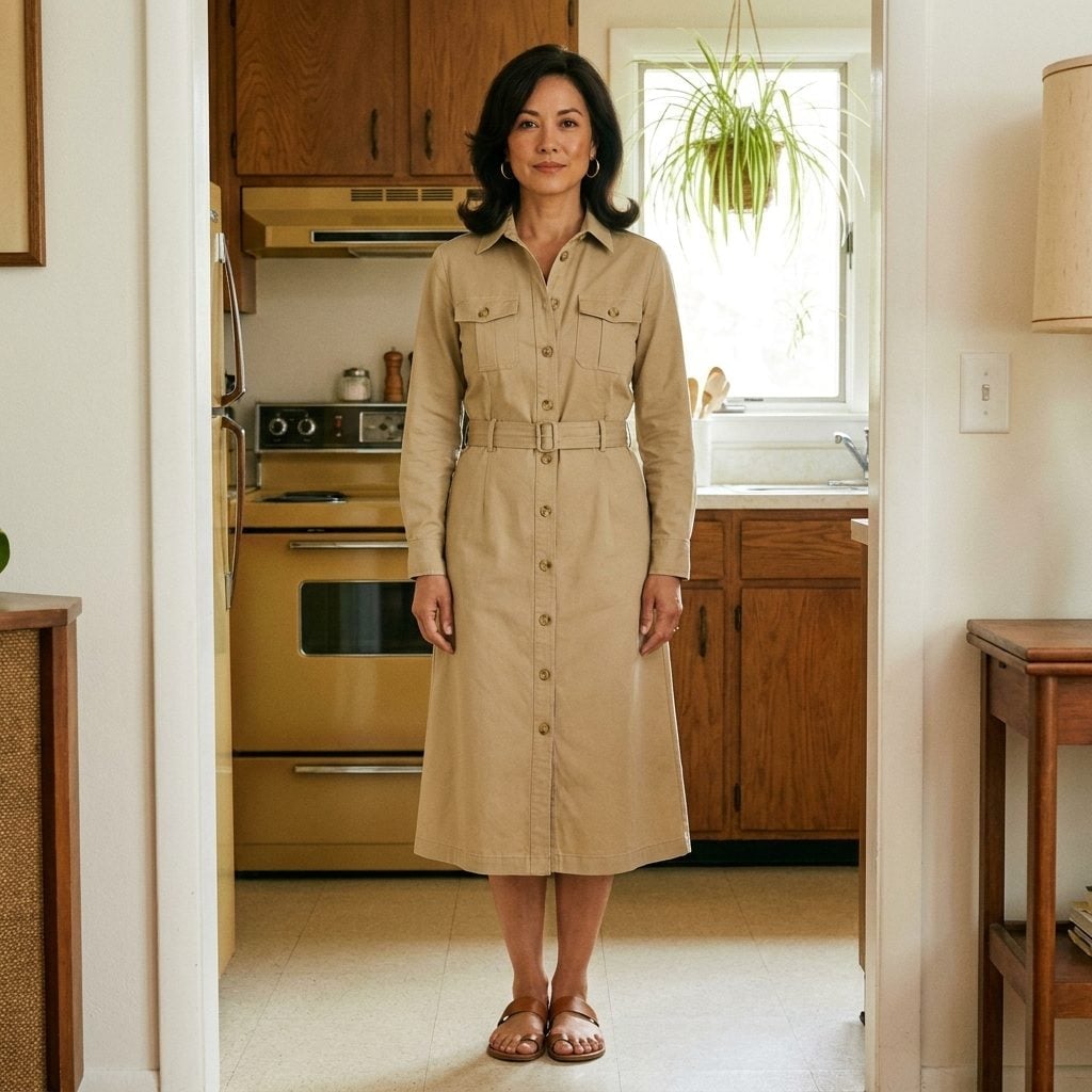 Warm khaki button-front shirtdress with a self-fabric belt and midi hem