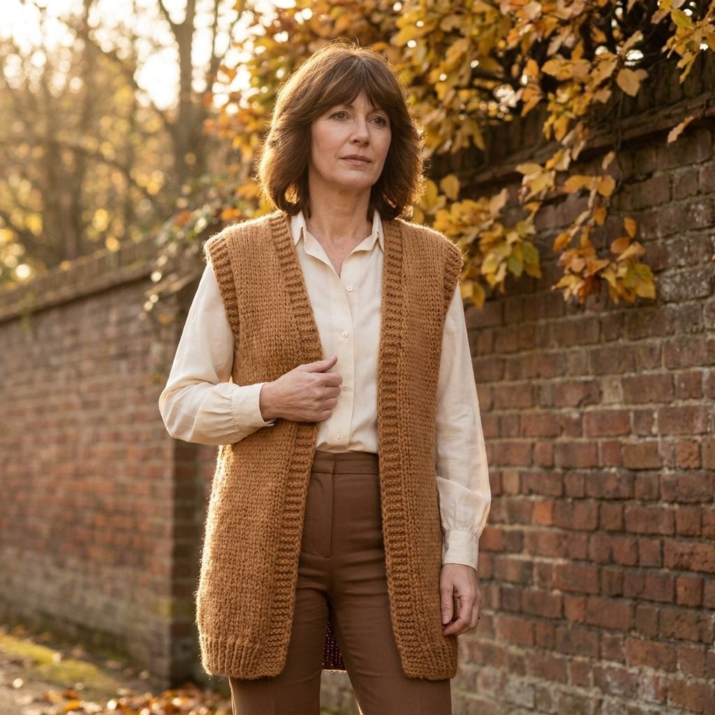 Camel longline knit vest worn open over a cream shirt and tobacco trousers
