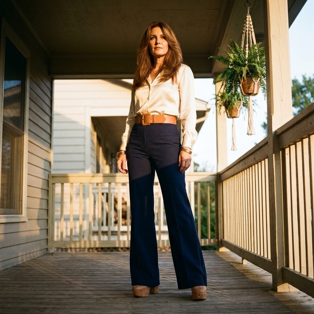 High-waisted navy flared trousers with a tucked cream satin blouse and wide cognac belt