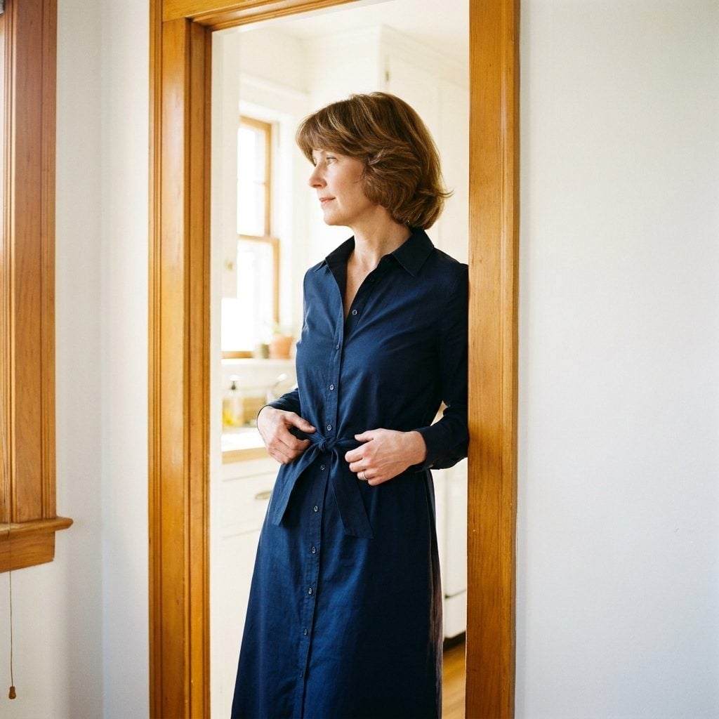 Midi-length navy shirtdress with a button front and self-tie belt