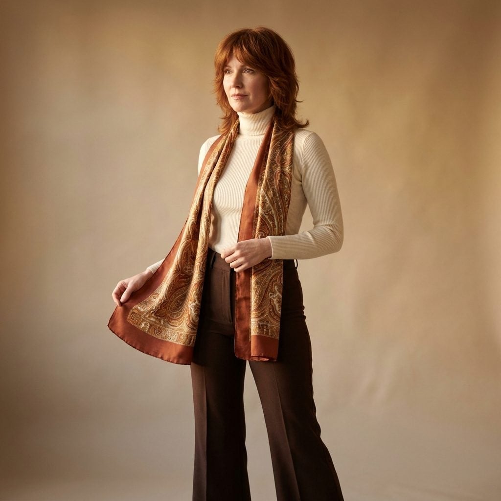 Long rust-and-gold paisley scarf draped open over a cream turtleneck and chocolate trousers