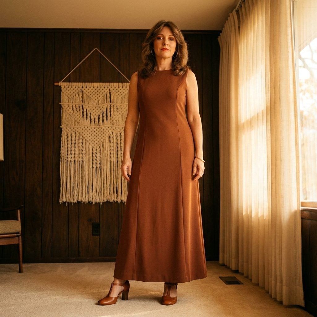 Burnt sienna sleeveless A-line maxi dress with vertical panel seams
