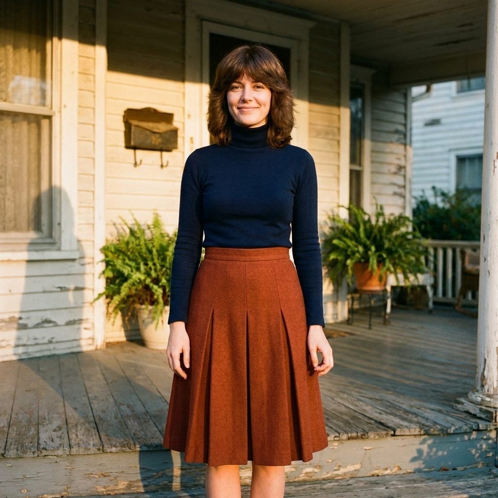 Rust pleated midi skirt paired with a fitted navy turtleneck