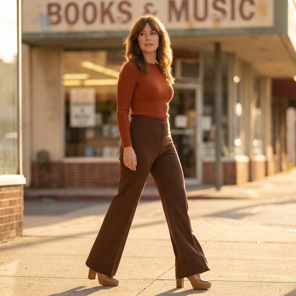 Rust ribbed turtleneck tucked into high-waisted chocolate flared trousers