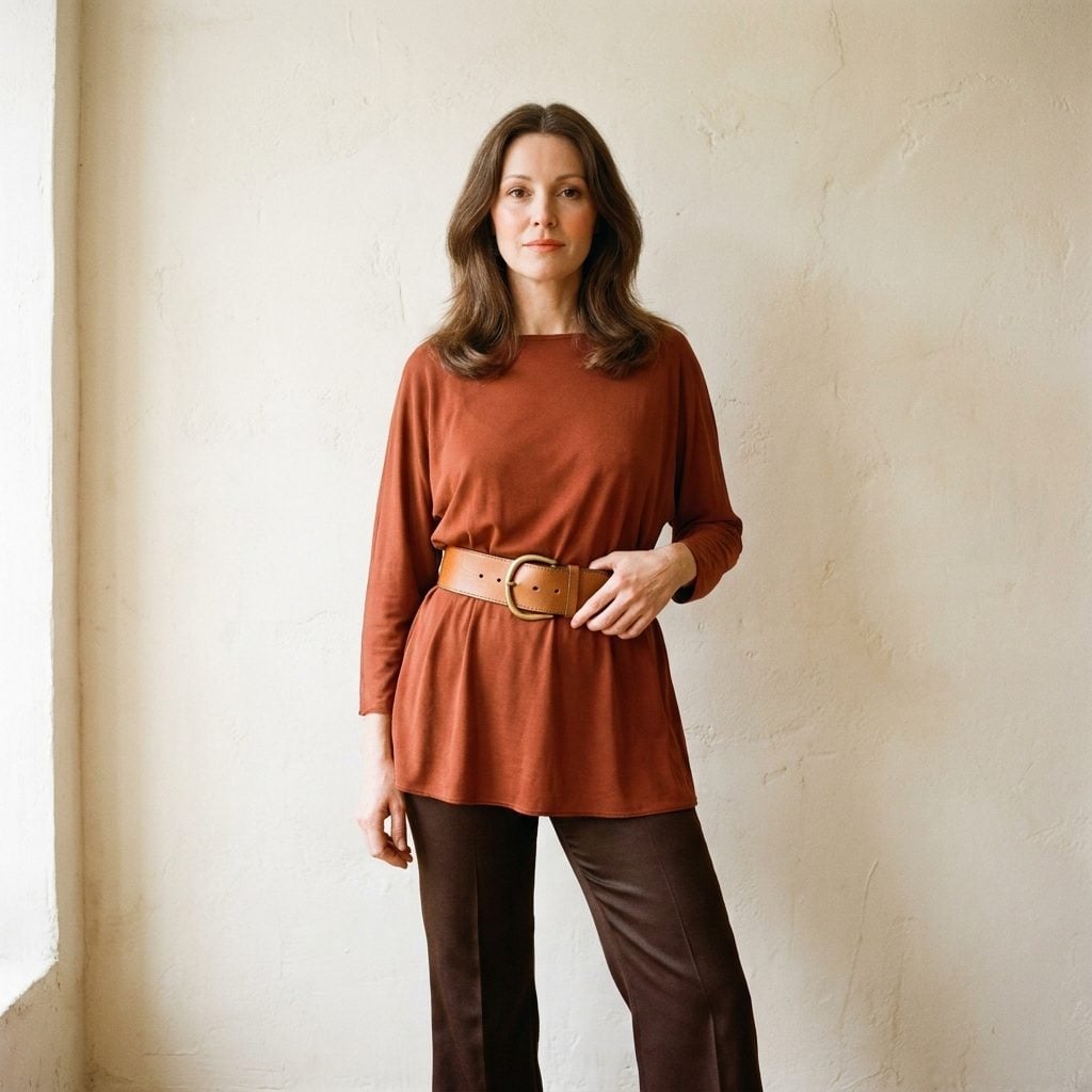 Rust jersey tunic with dolman sleeves, a cognac belt, and dark chocolate flared trousers