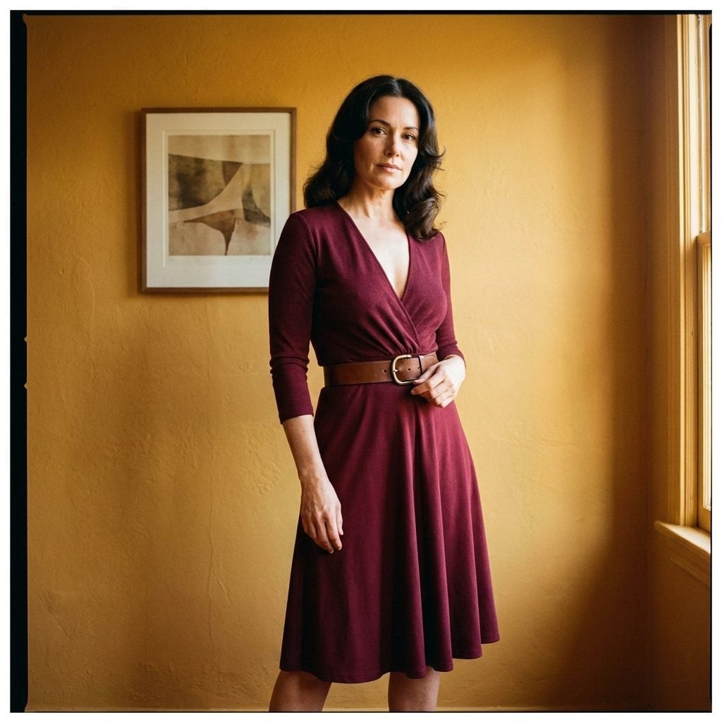 Burgundy jersey wrap dress with a surplice neckline and natural-waist belt