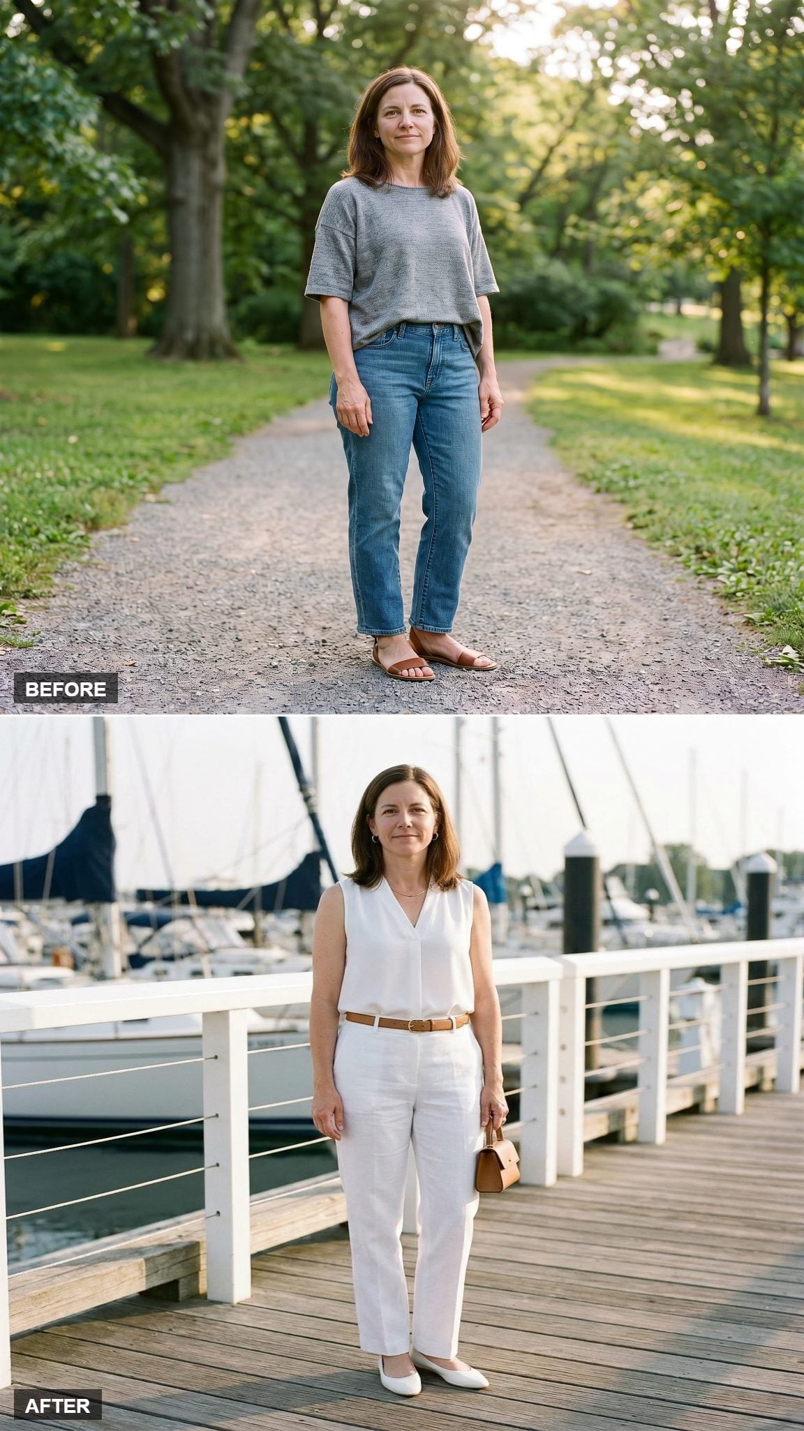 White Linen Trousers, White V-Neck Blouse, and a Narrow Camel Belt on a Marina Boardwalk