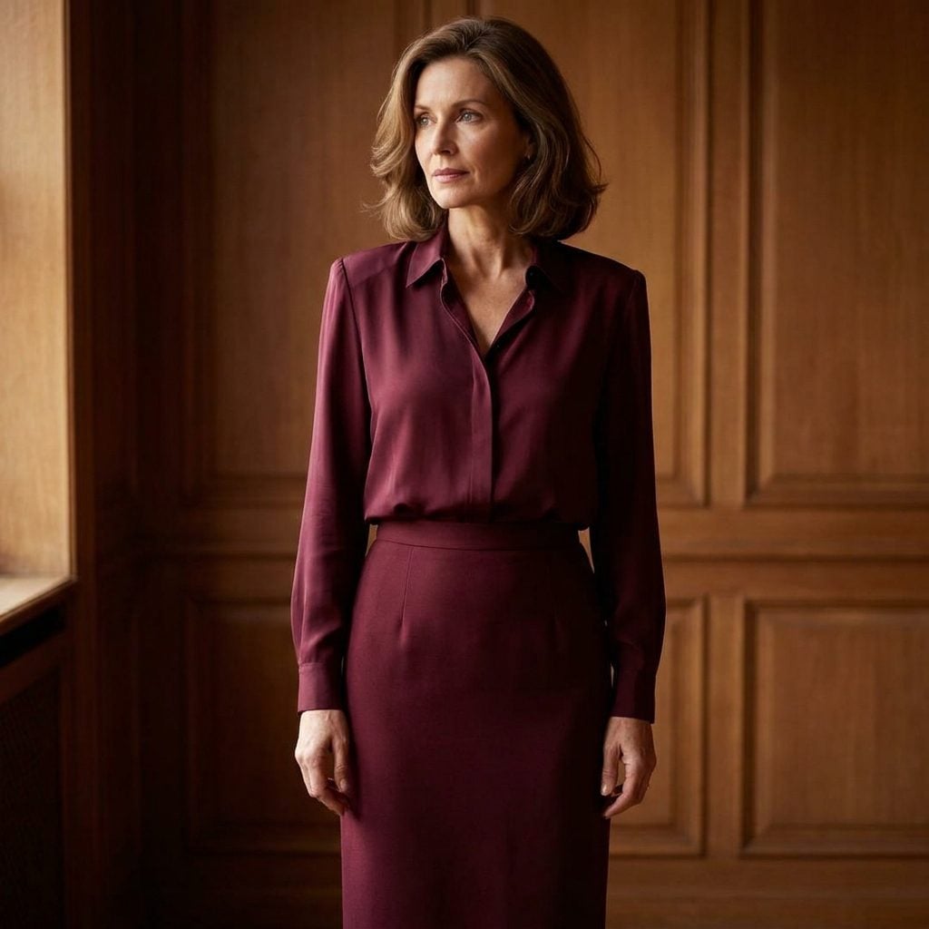 Wine Straight Skirt + Tonal Silk Blouse
