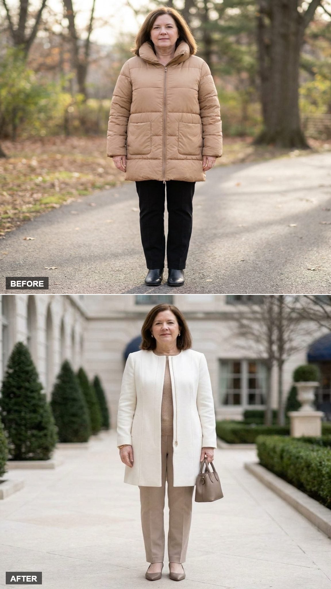 Winter-White Collarless Princess-Seam Coat and Monochromatic Warm-Beige in a Stone Courtyard