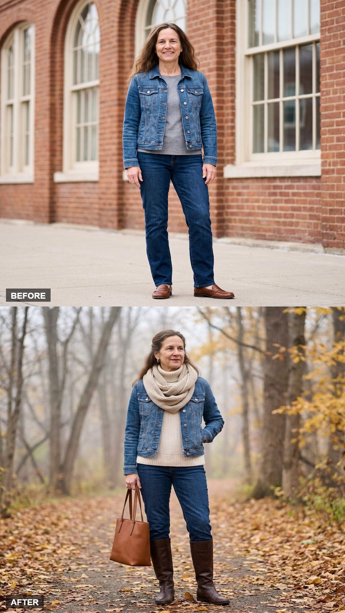 Wooded Path Winter in a Cream Turtleneck, Chunky Scarf, and Tall Leather Boots