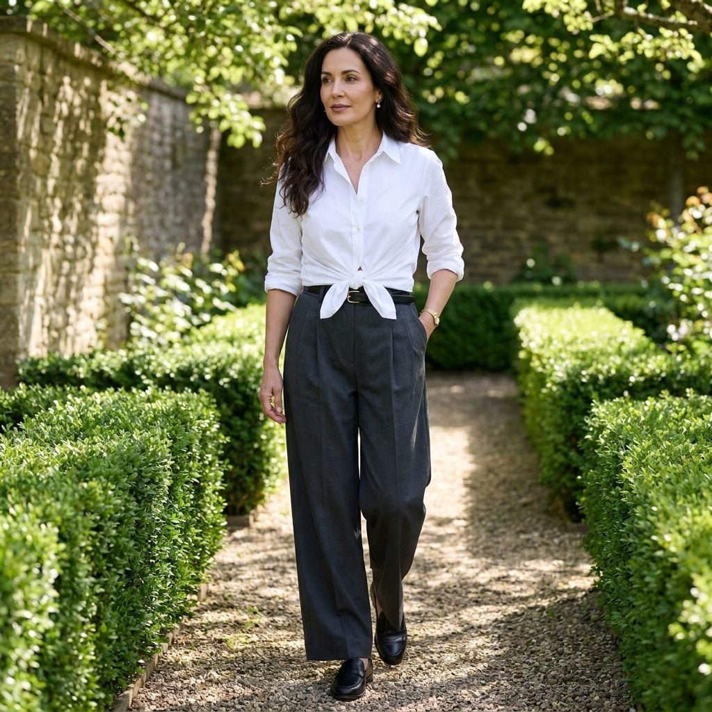 Worn as a Cropped Tie-Front Over a Pleated Trouser