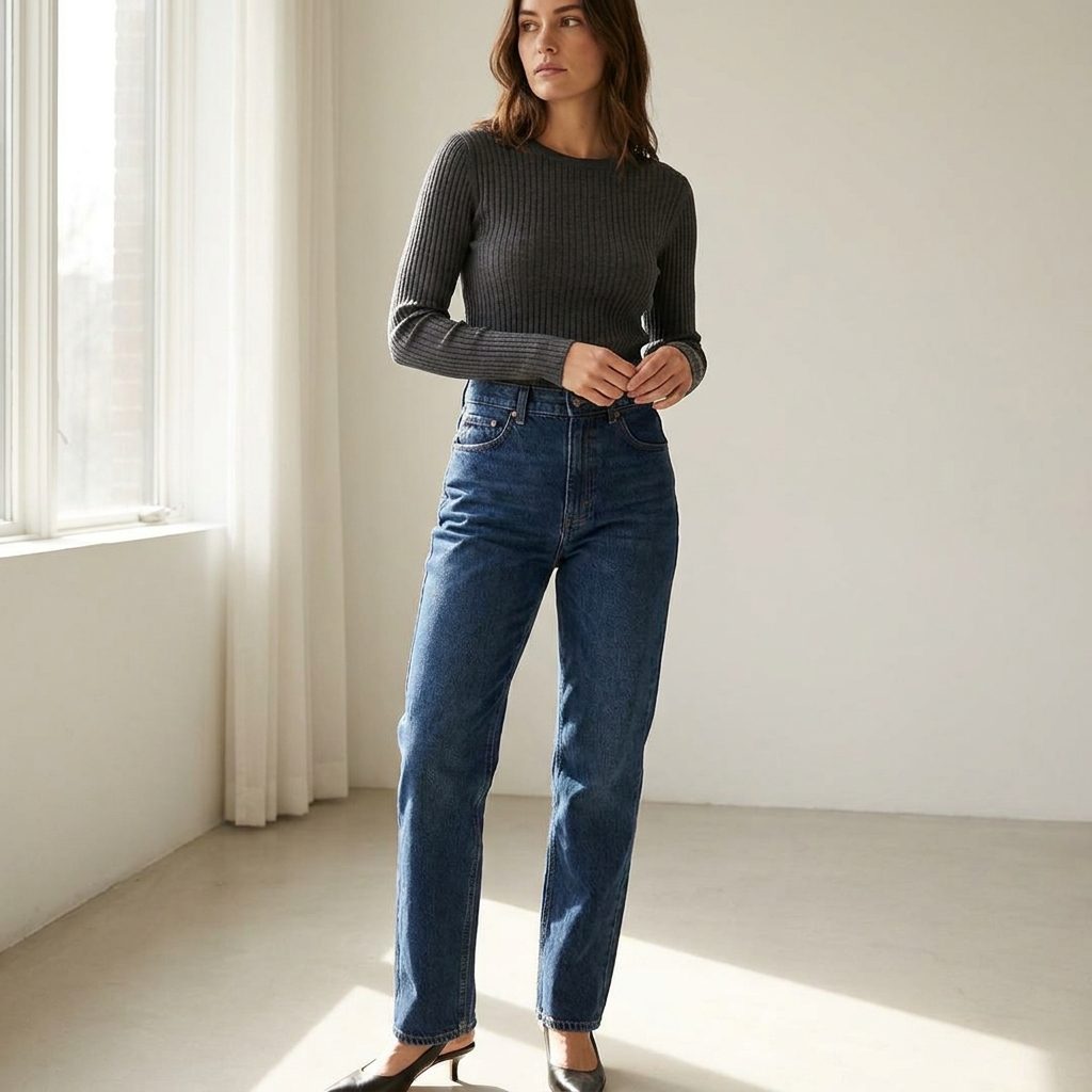 Worn With a Fitted Ribbed Knit Top and Kitten Heels