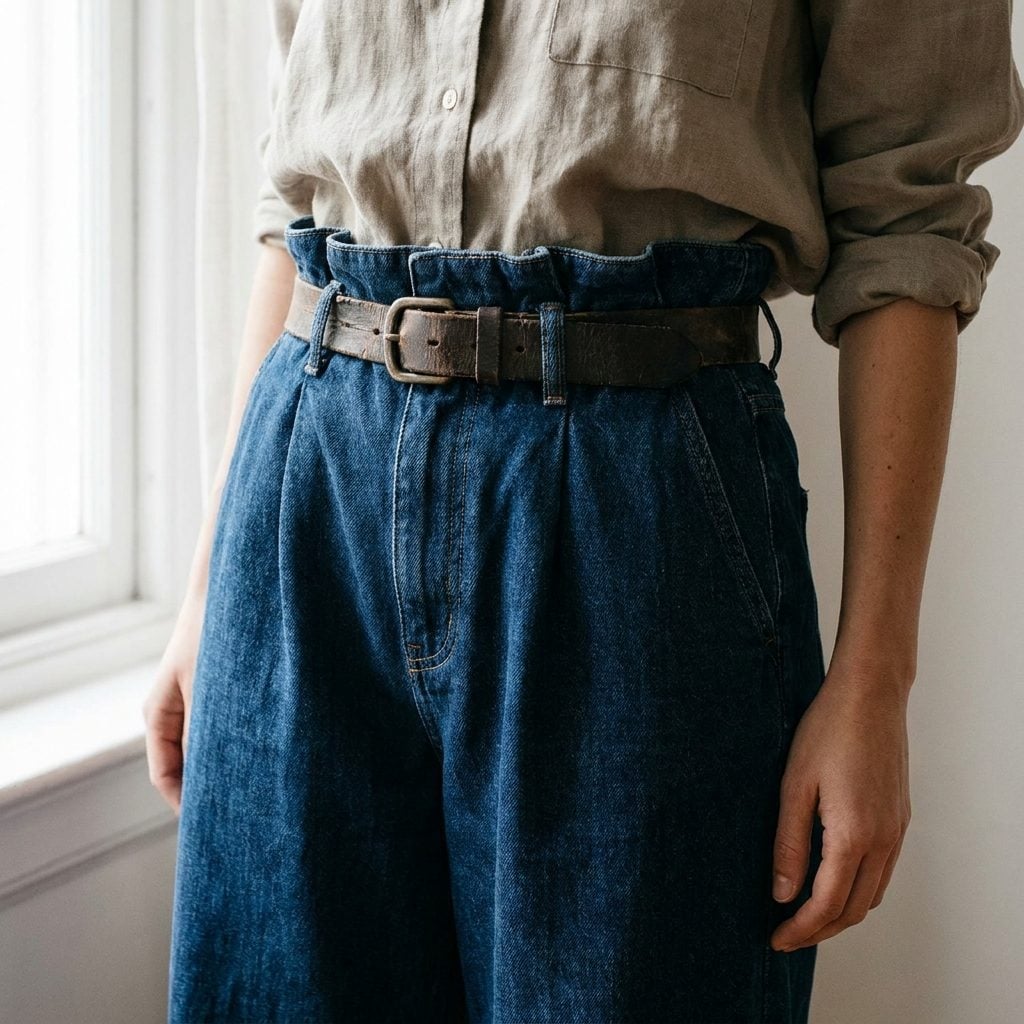 Yanking a Belt So Tight the Waistband Bunches Into Accordion Folds