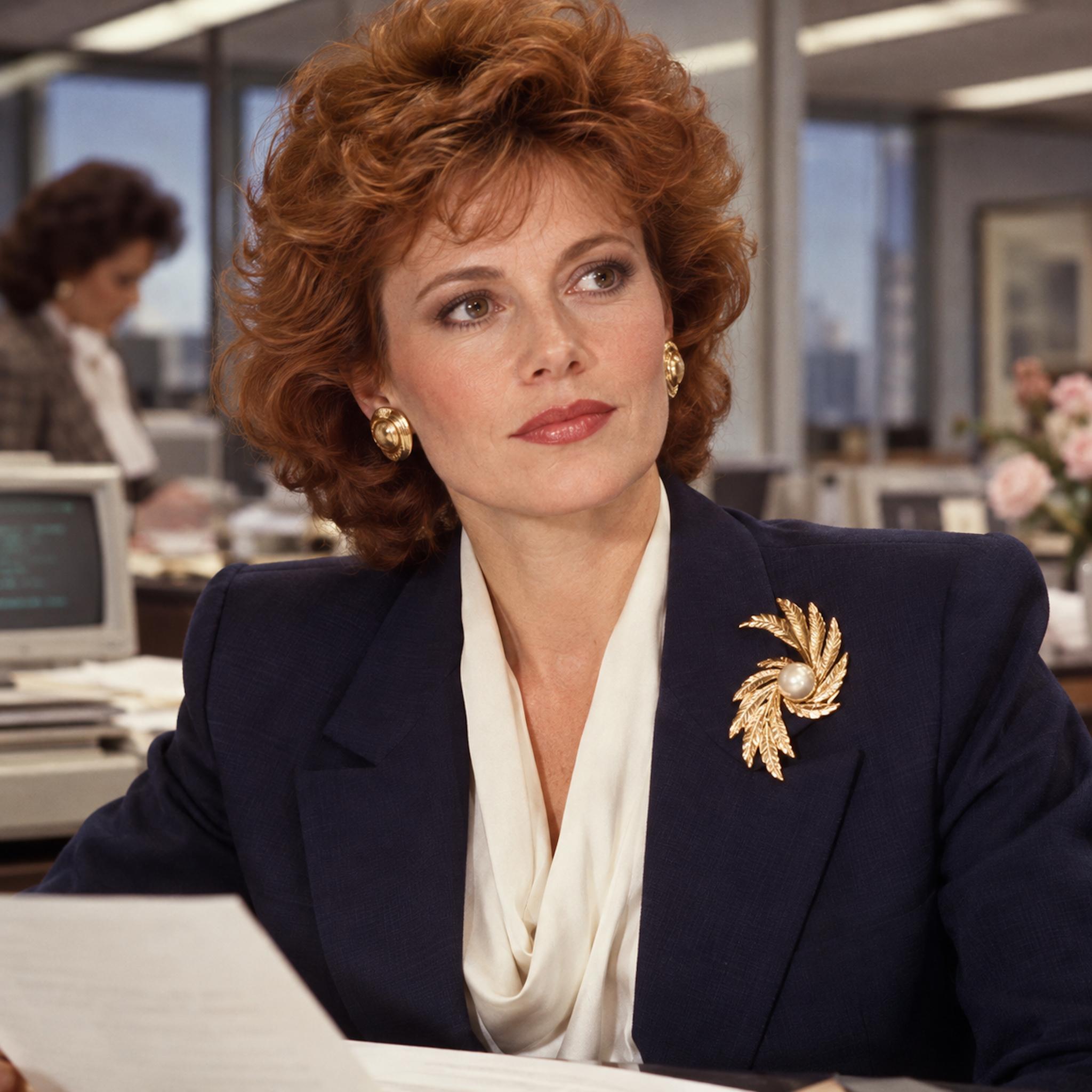 1980s businesswoman wearing a large gold statement brooch high on a navy blazer lapel